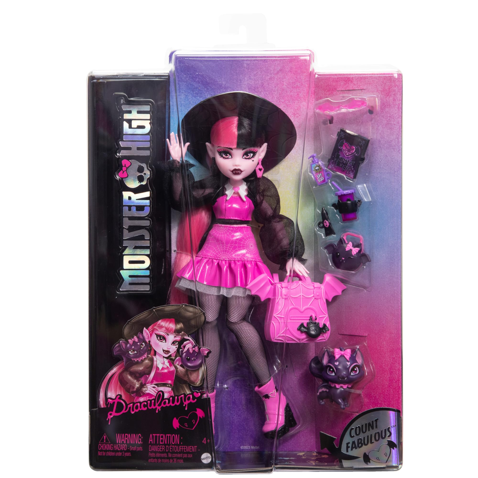 Monster High Draculaura Doll with Count Fabulous Pet & Accessories - Pink Fashion Vampire Doll for Kids 5