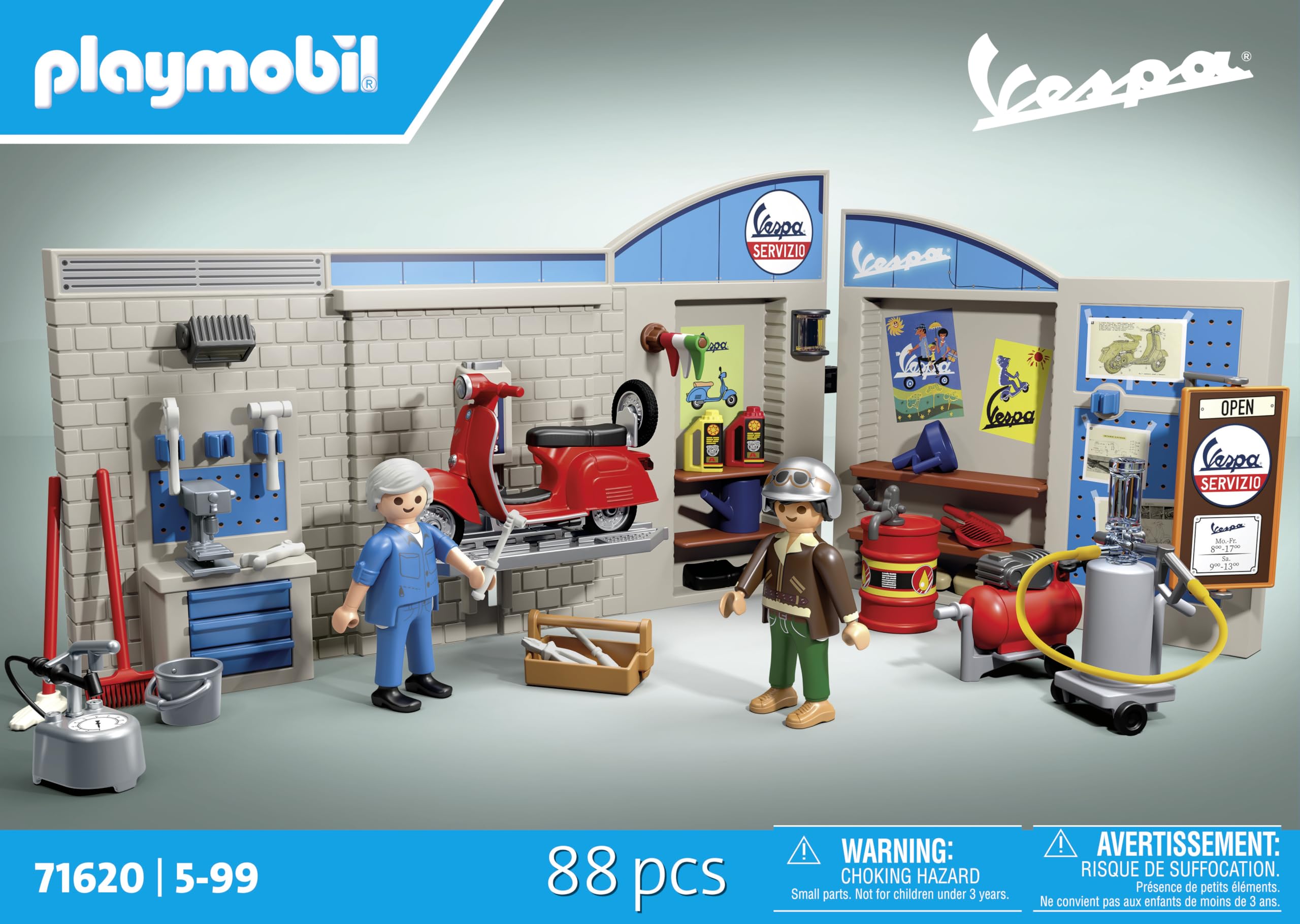Playmobil 71620 Cars: 60s Vespa Garage Playset with Movable Lifting Platform 5