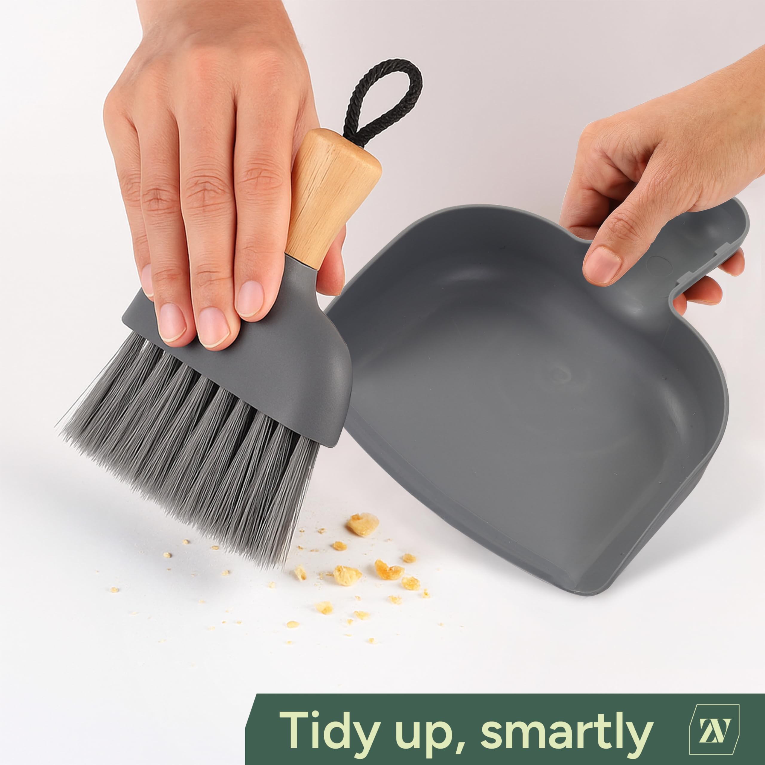 Zuvo Mini Dustpan and Brush Set - Bamboo Handle | Compact Storage Snap-On Design | Grey 5