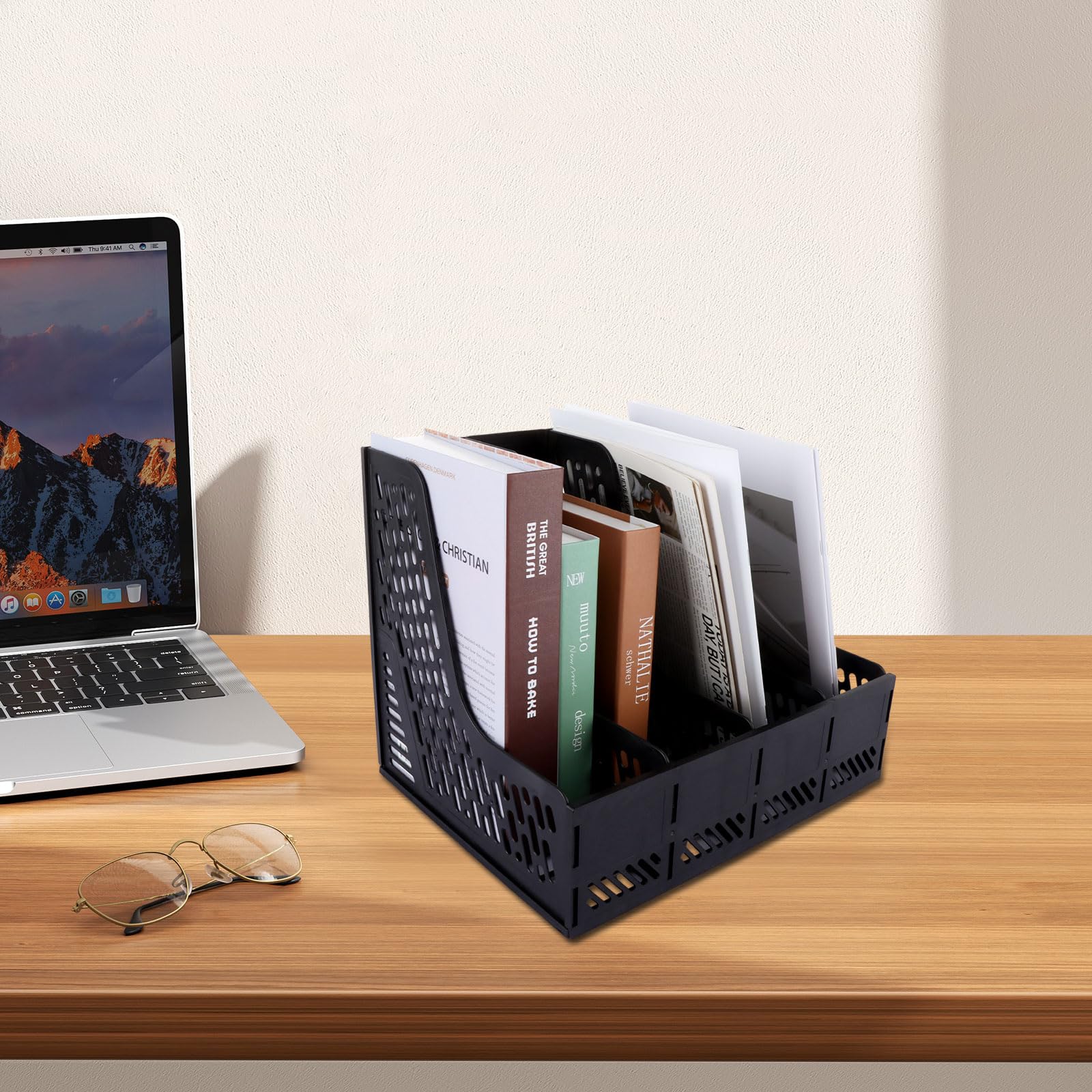 ASelected 4-Compartment Collapsible Magazine File Holder - Durable PP Plastic Desktop Organizer | Black 6