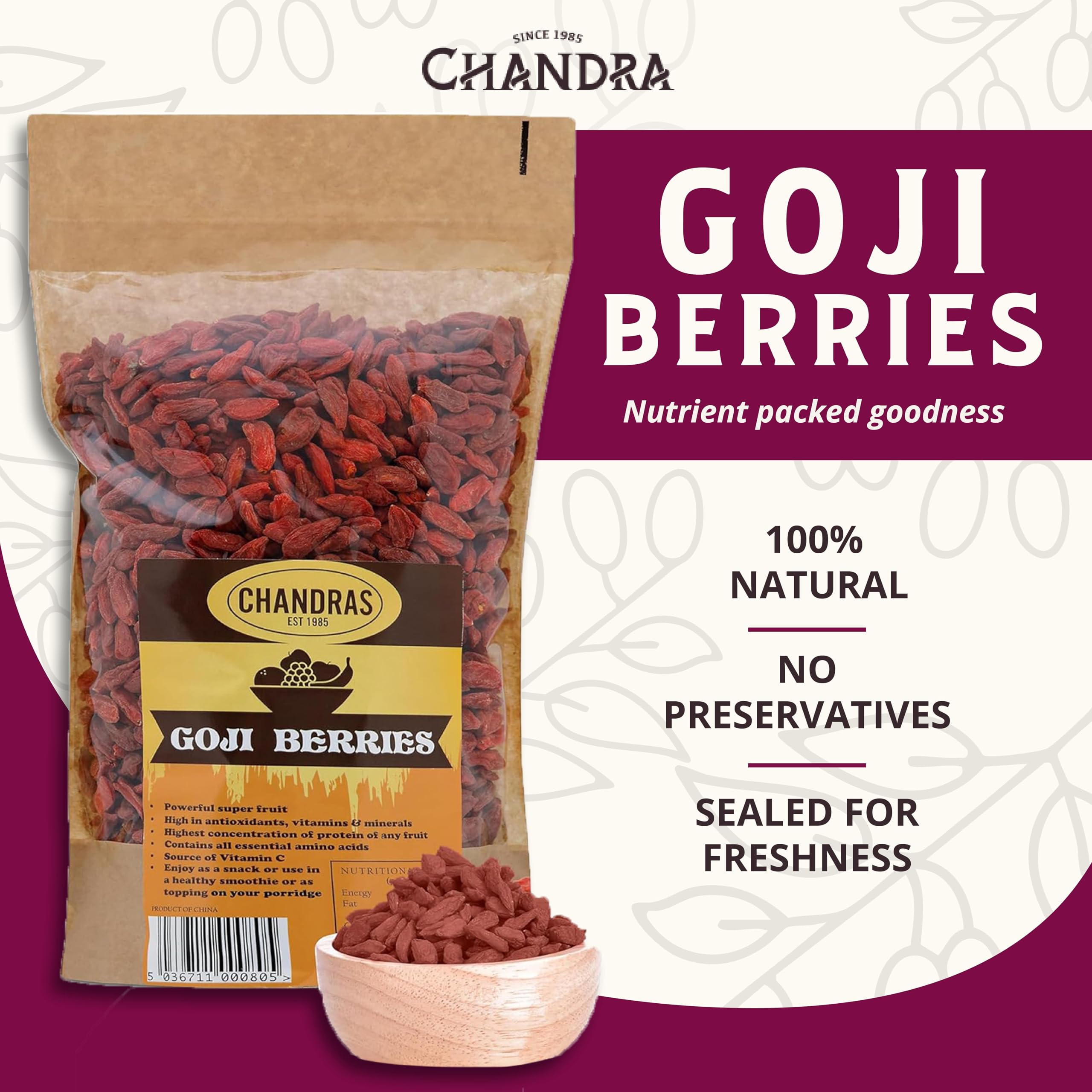 CHANDRA Whole Foods Goji Berries - 1KG Dried Super Fruit | Low-GI, High Protein