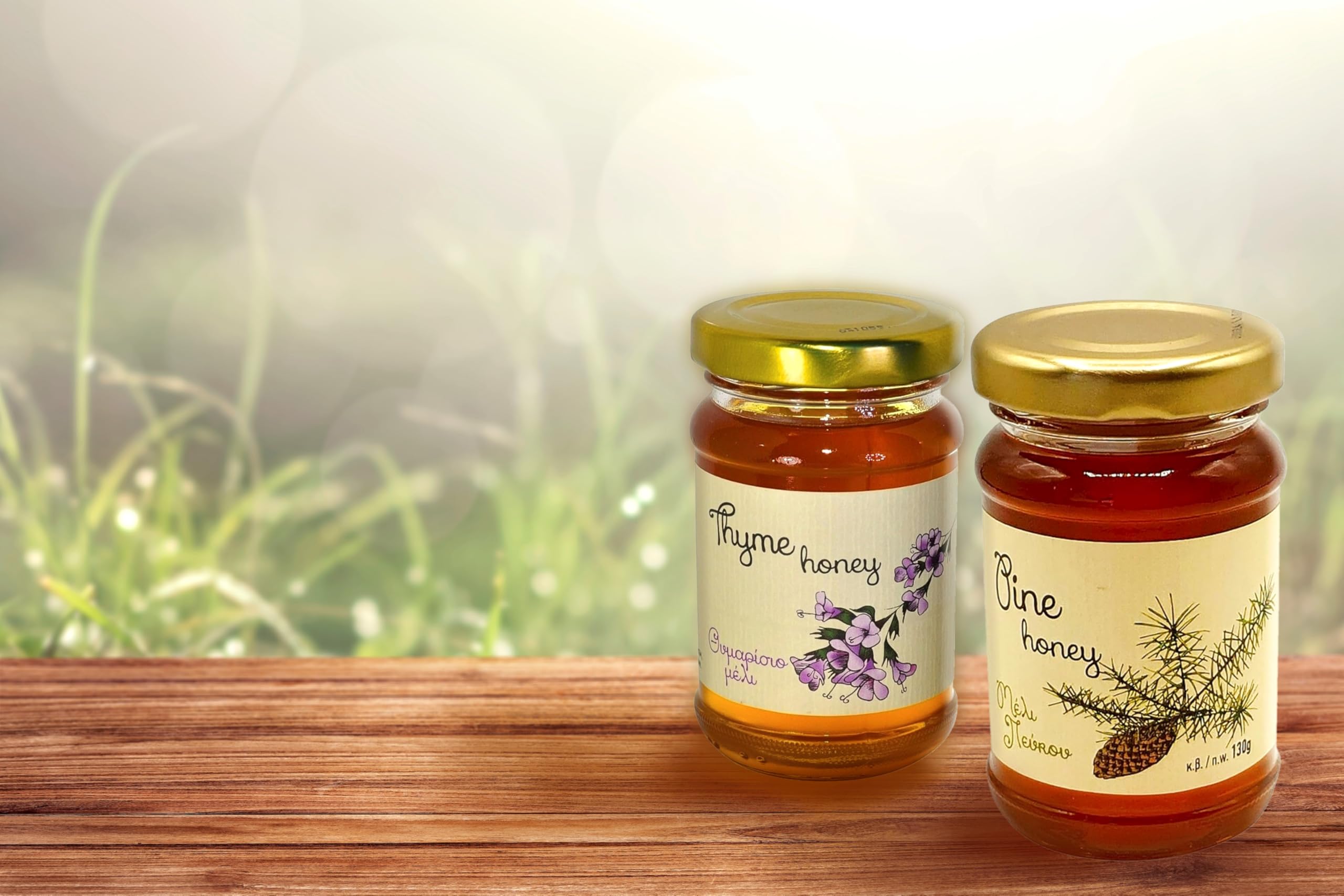 Melissokomiki Dodecanese Greek Honey Gift Set with Wooden Dipper – Raw Thyme & Pine Honey (130g each) 5