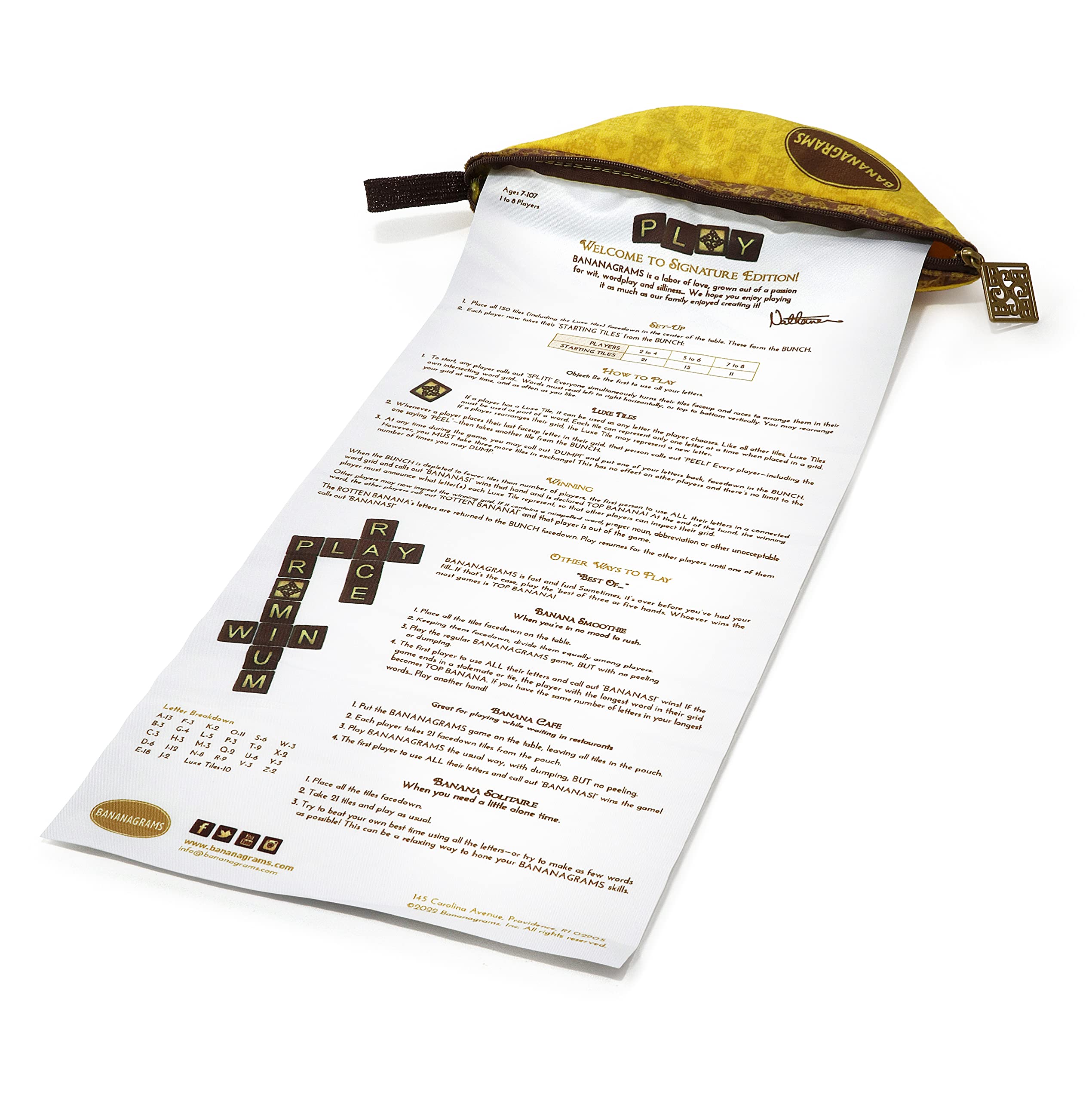 BANANAGRAMS Signature Edition Wortspiel – 144 Kacheln, 10 Luxe-Kacheln, Premium-Stoffbeutel – 1–8 Spieler 8