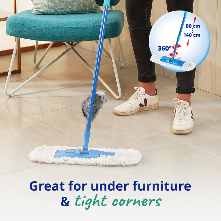 Spontex Extra Flat Mop with 2 Microfibre Heads | Wet & Dry Use | 360° Rotating Head | Adjustable Handle