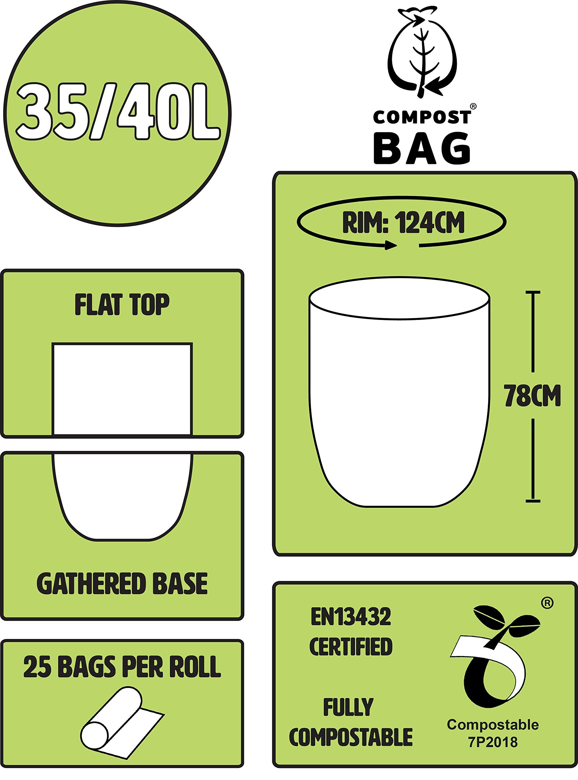 All-Green Food Waste Bin Liners 35/40 Litre Compostable Bags, Pack of 25 | Certified EN 13432