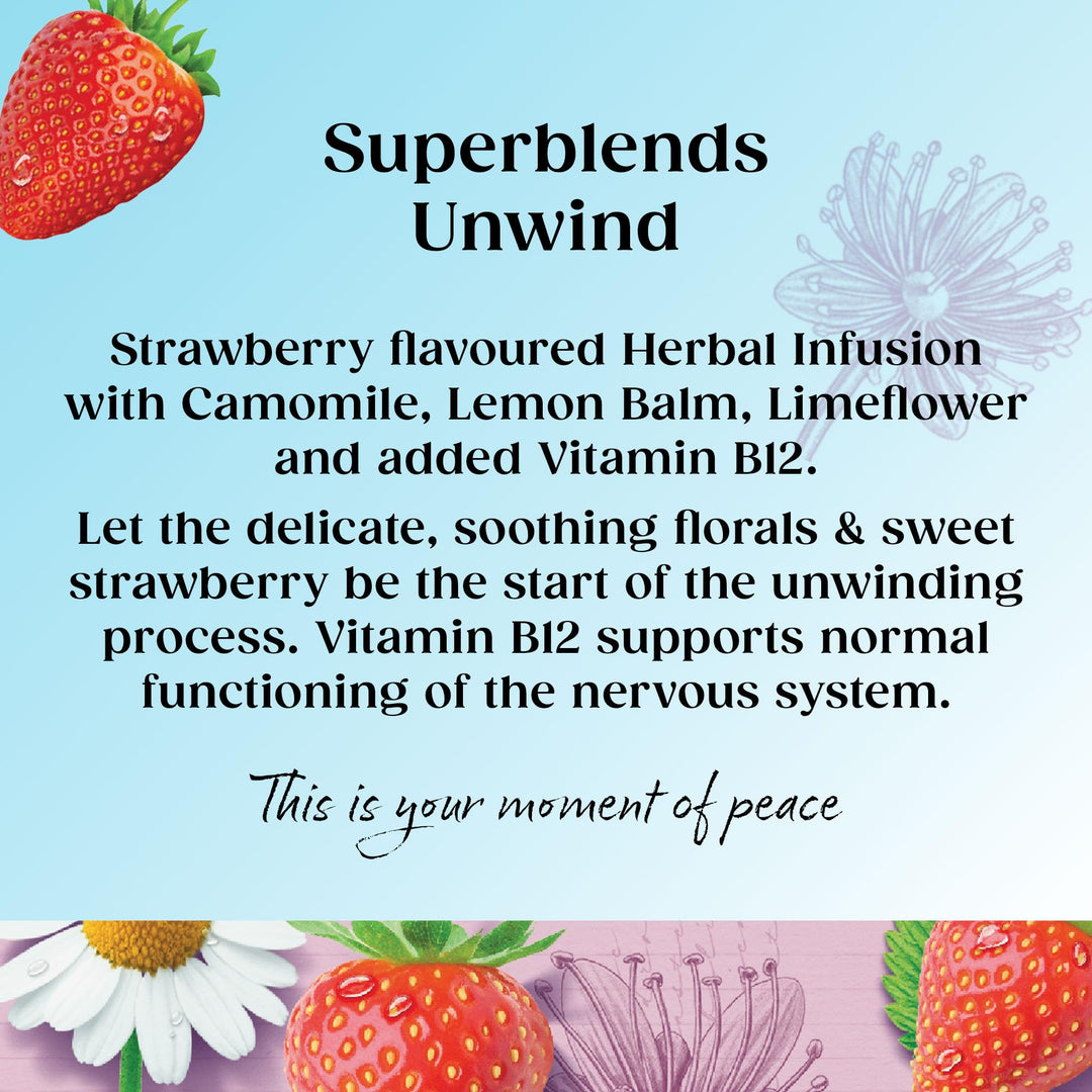 Twinings Superblends Unwind Tea - Strawberry Herbal Infusion with Camomile, Lemon Balm, Limeflower & Vitamin B12, 80 Biodegradable Tea Bags