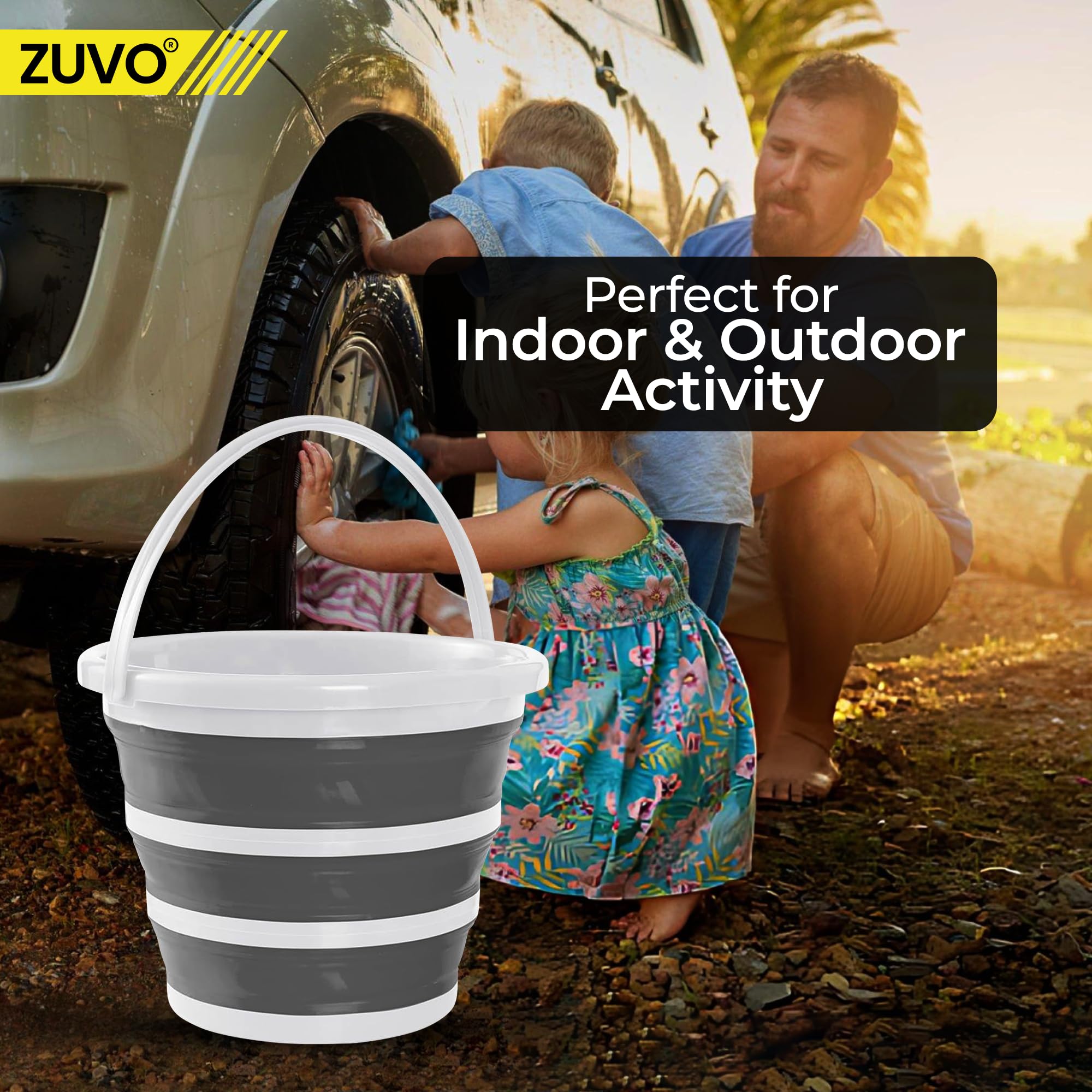 Zuvo Collapsible Bucket - 10L Capacity | Silicone Folding Design | White/Grey 4