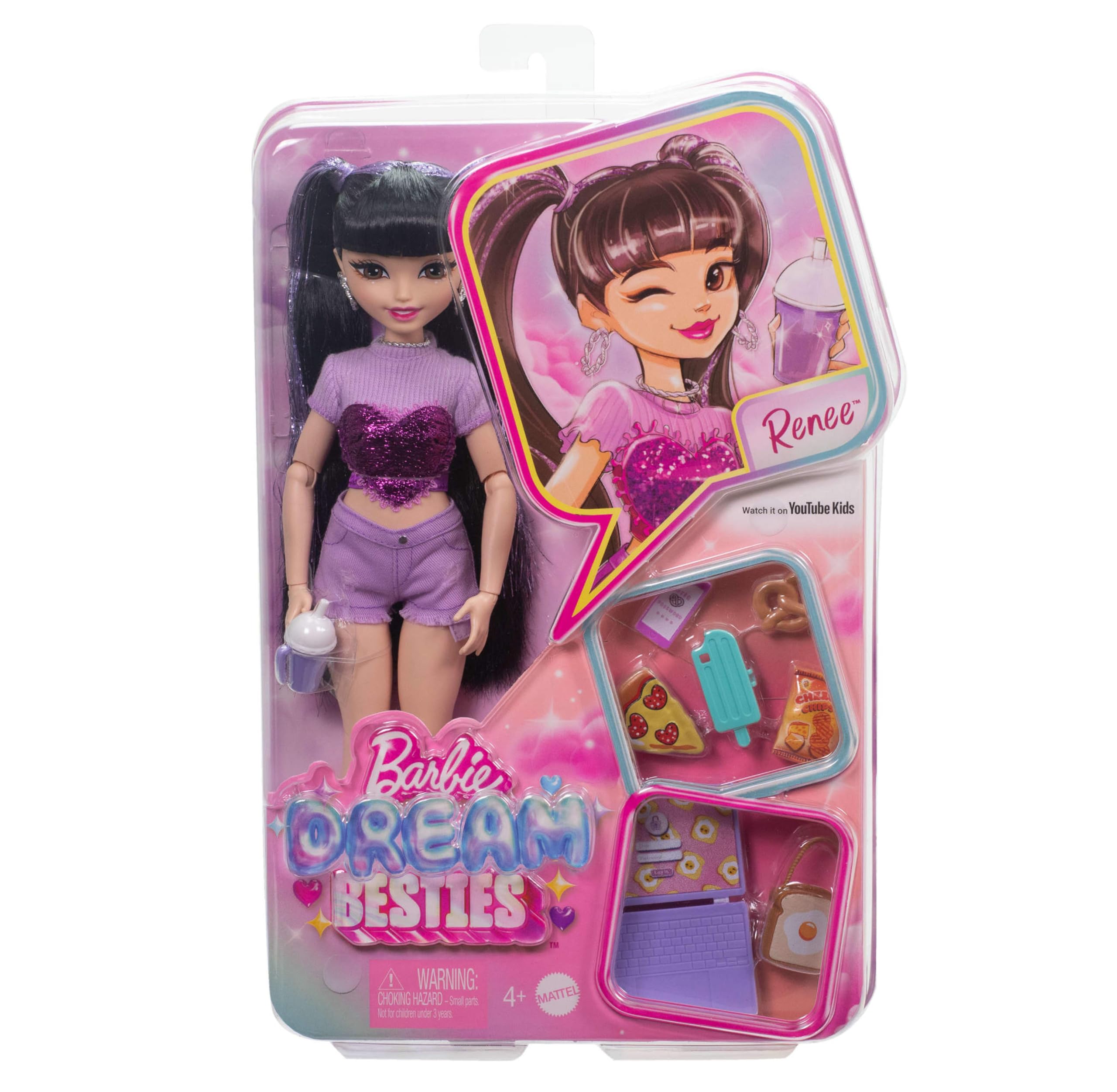 Barbie Dream Besties Renee Puppe &amp; Spielset zum Thema Essen – 12-teiliges Set mit Laptop, Pizza, Smoothie und mehr 4
