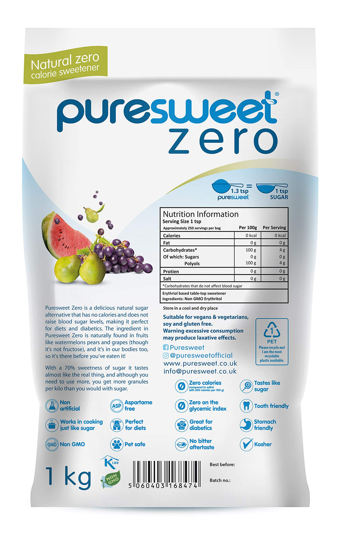 Puresweet Zero® 100% Natural Zero Calorie Sweetener 1kg - No Bitter Aftertaste, Diabetic & Tooth Friendly, Vegan, Non GMO