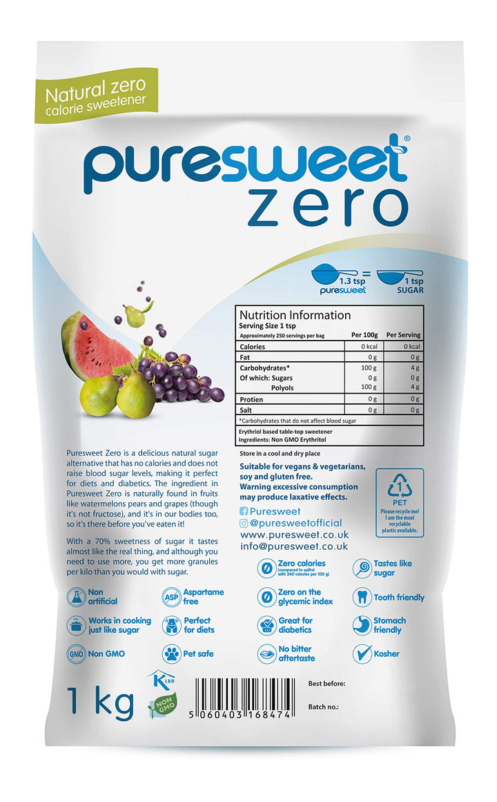Puresweet Zero® 100% Natural Zero Calorie Sweetener 1kg - No Bitter Aftertaste, Diabetic & Tooth Friendly, Vegan, Non GMO