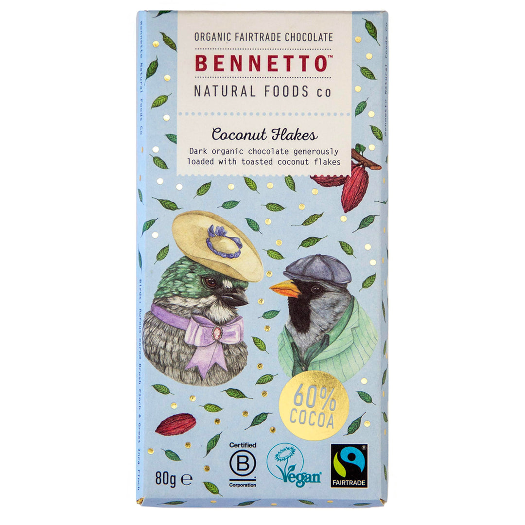 Bennetto Organic Dark Chocolate with Toasted Coconut Flakes - 90g Fairtrade Bar