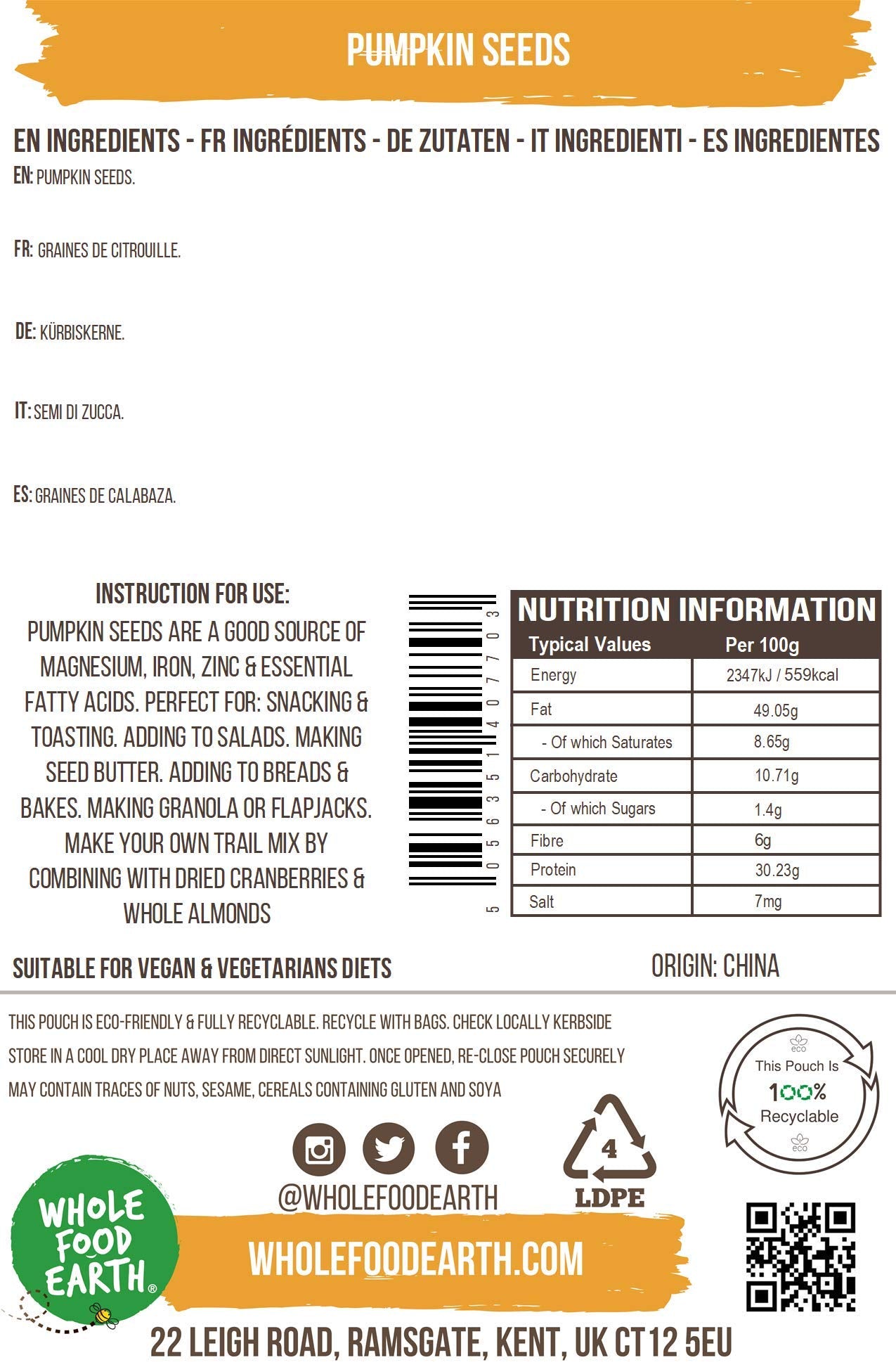 Wholefood Earth Pumpkin Seeds - 1 kg Whole Seeds | GMO Free | Source of Fibre