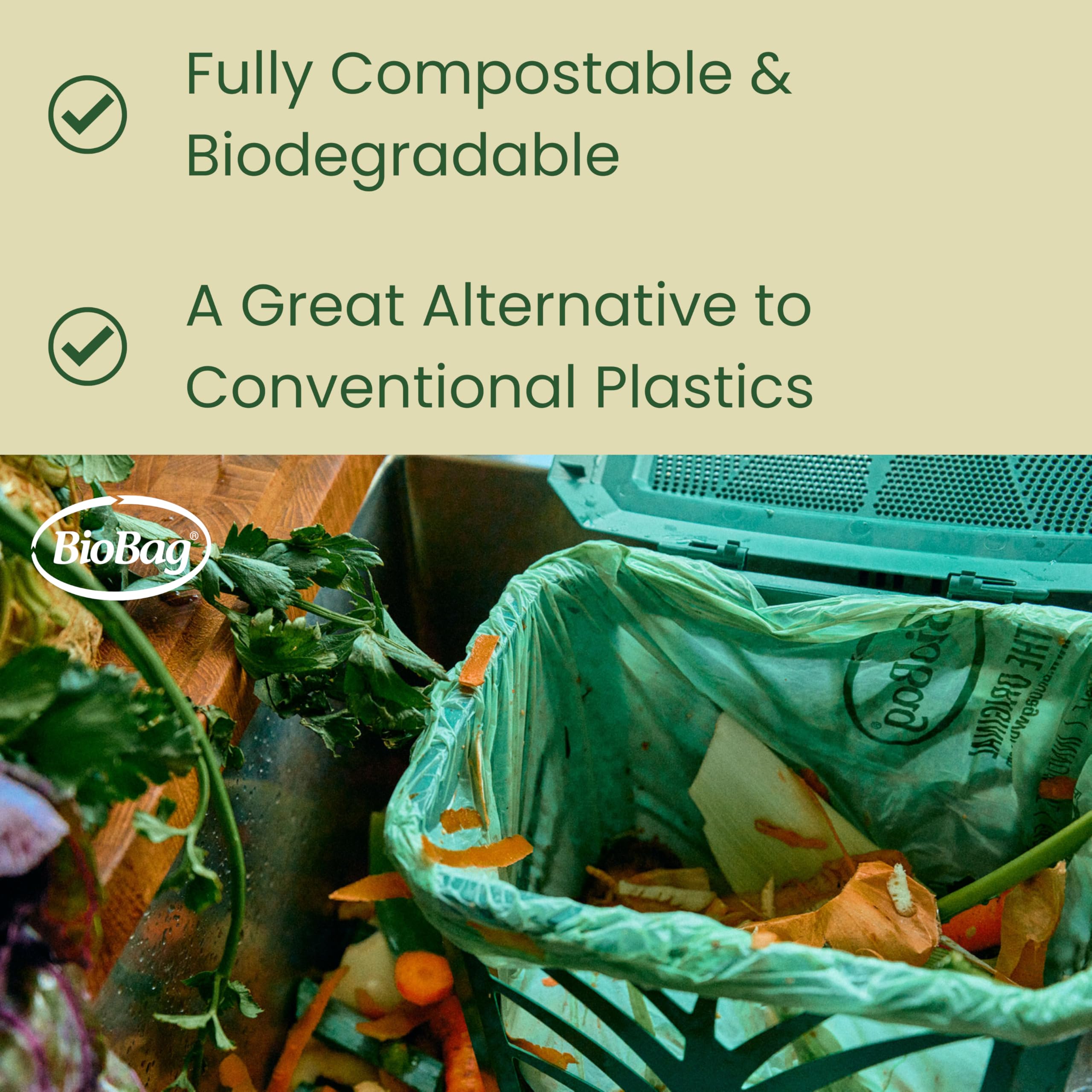 BioBag 10L Compostable Caddy Bin Liners - 20 Count, Green, Plant-Based Material 3