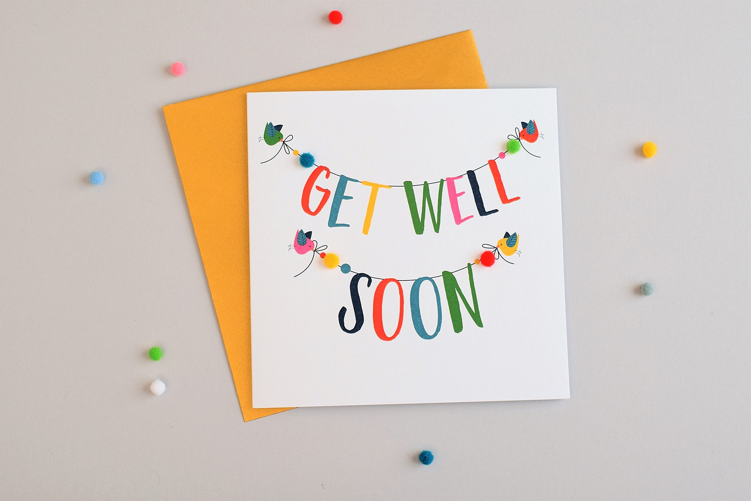Claire Giles Greeting Cards Get Well Soon Card with Colourful Pompoms | 150x150mm | Blank Inside 4