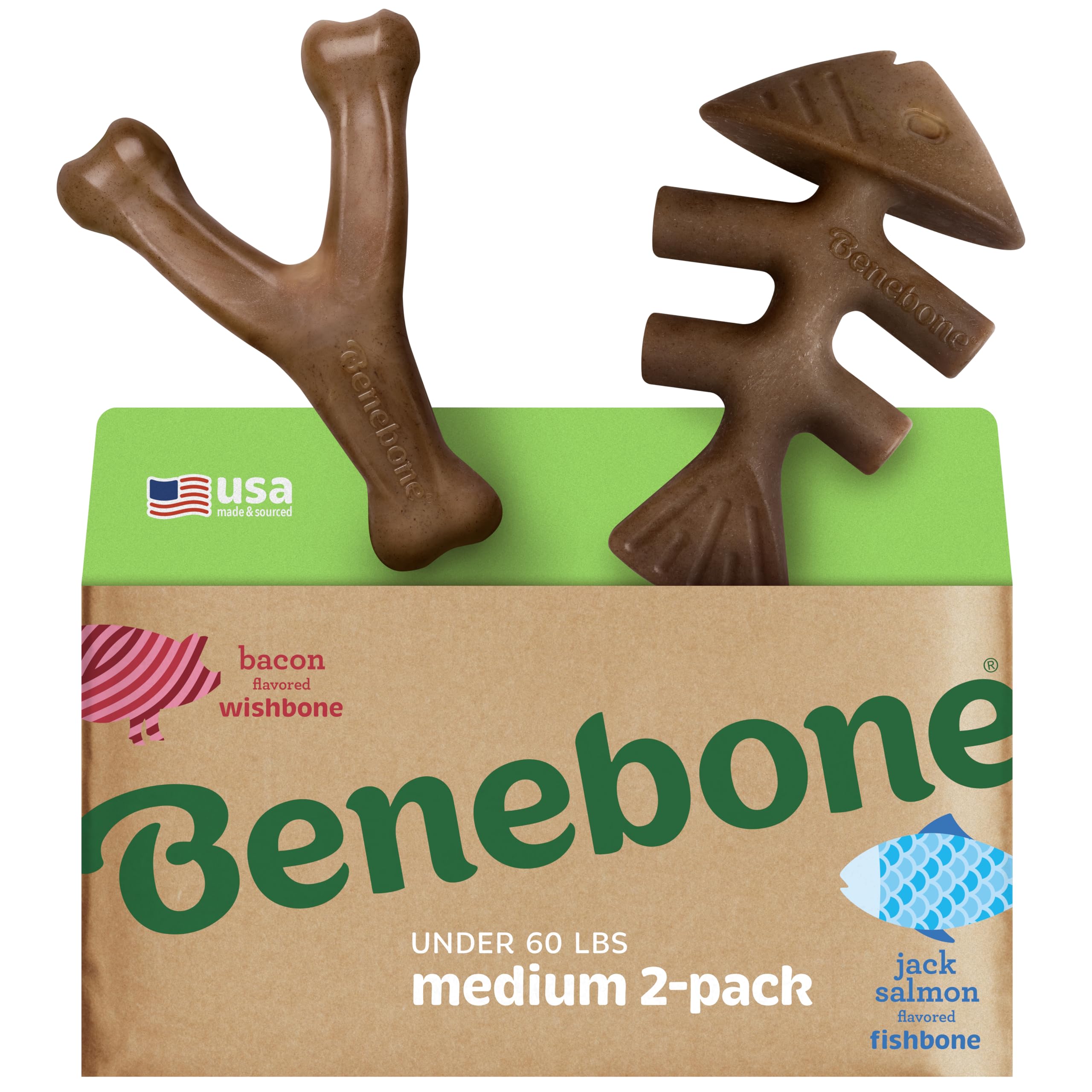 Benebone 2-Pack Fishbone & Wishbone Durable Nylon Chew Toys for Medium Dogs | Real Bacon & Salmon Flavor 1