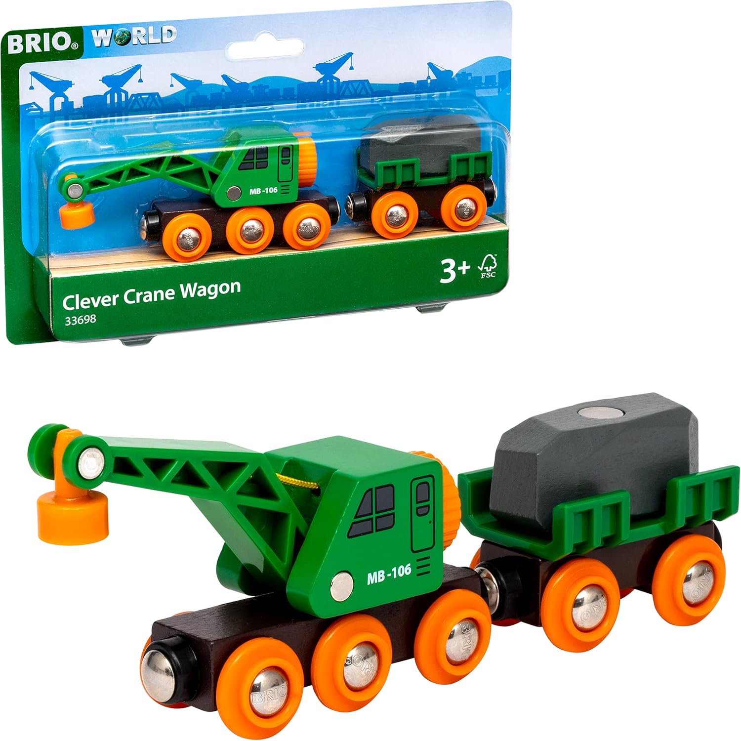 BRIO World Clever Crane Wagon - Wooden Construction Train Set Accessory for Kids 1