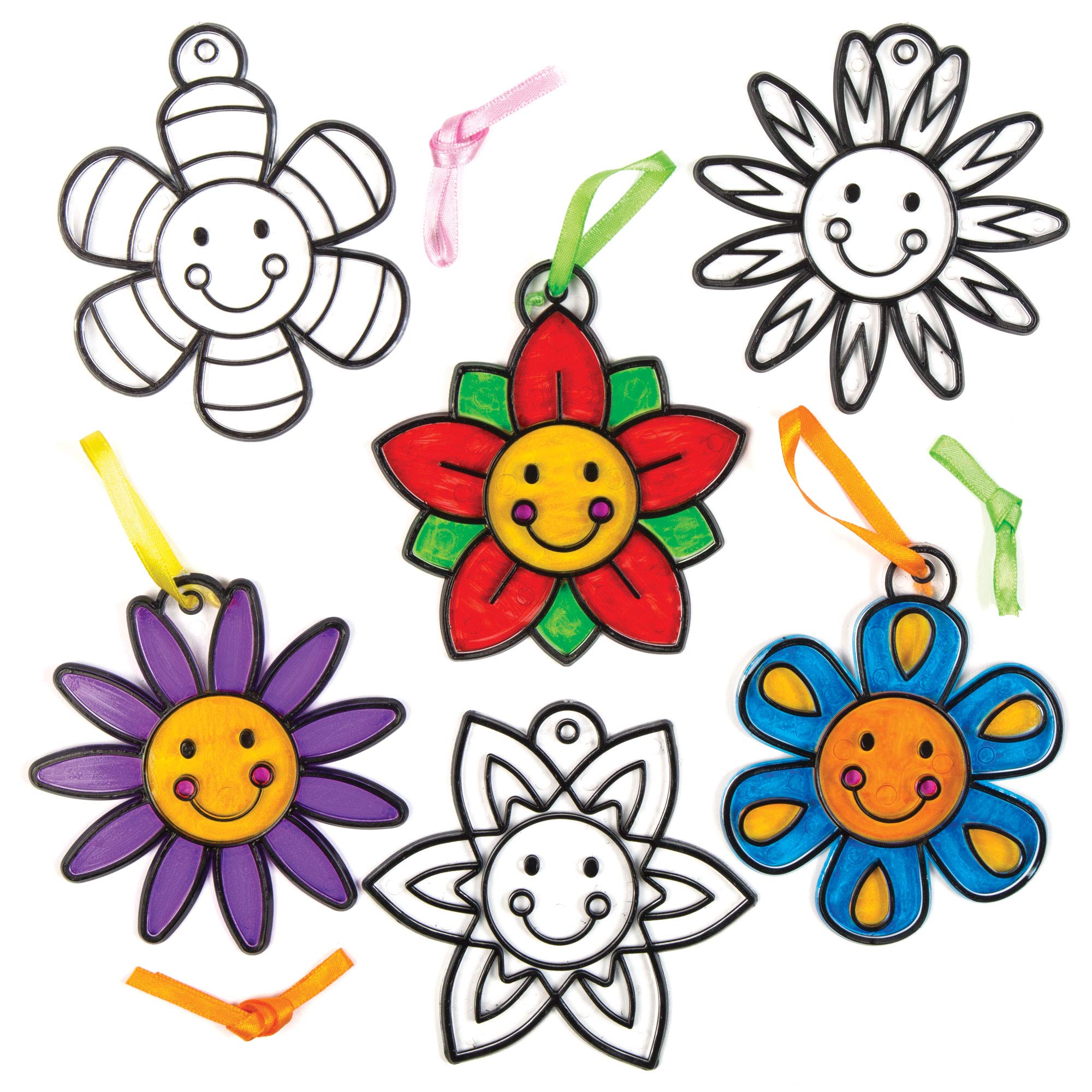 Baker Ross Smiley Flower Suncatcher Crafts Kit - Acrylic, Pack of 8 | 3 Inch Wide