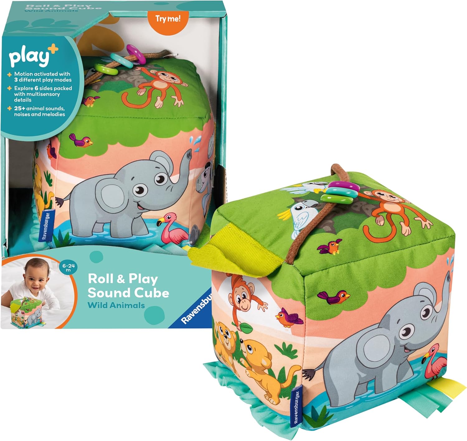 Ravensburger Play+ Roll & Play Sound Cube Wild Animals - Musical Baby Toy for 6 Months+ 1