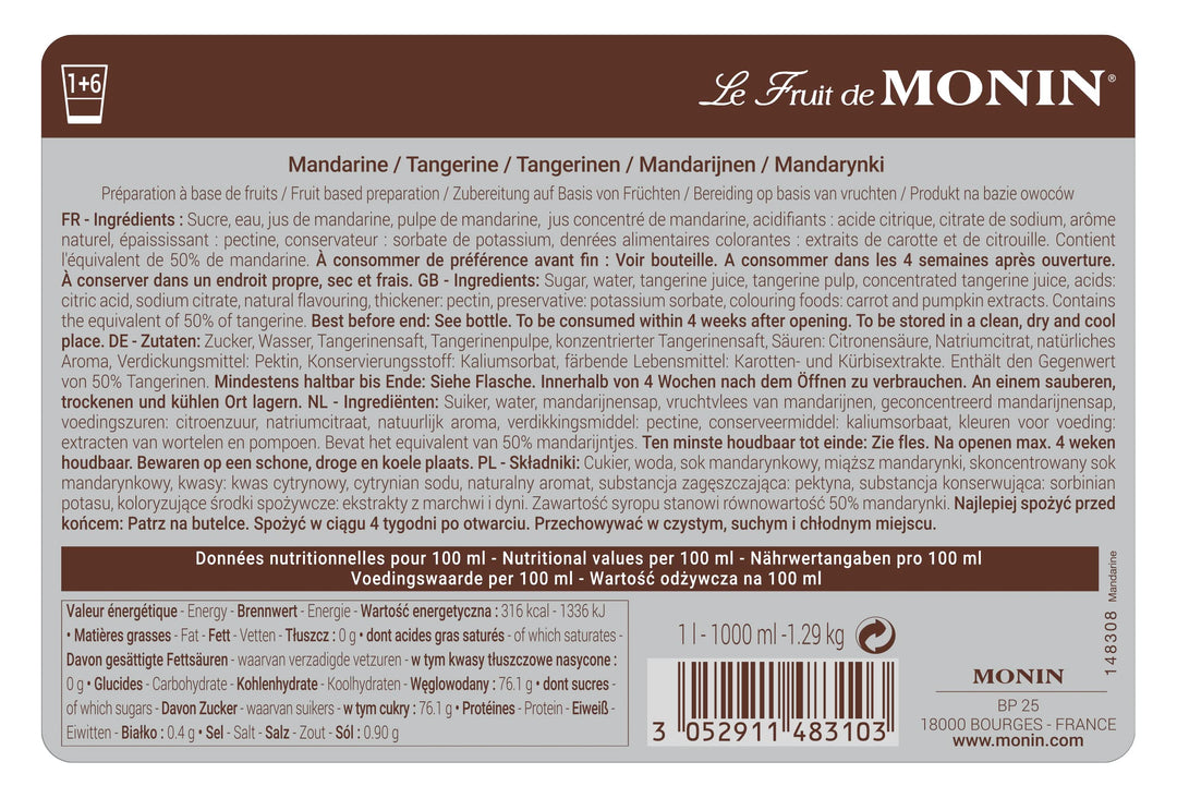 MONIN Tangerine Fruit Mix Puree 1 Litre - Vegan, Allergen-Free Citrus Syrup for Cocktails, Smoothies & Mocktails
