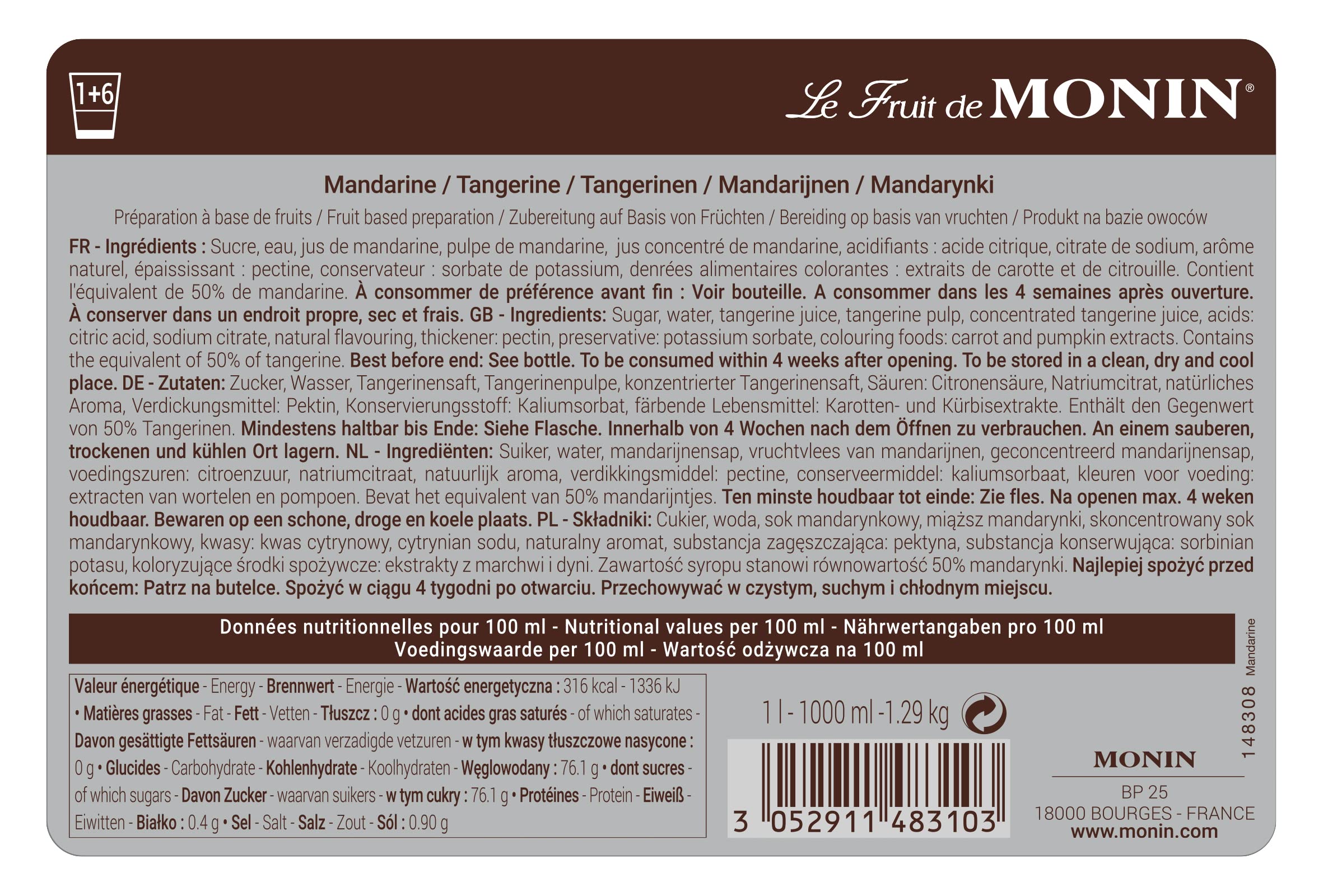 MONIN Tangerine Fruit Mix Puree 1 Litre - Vegan, Allergen-Free Citrus Syrup for Cocktails, Smoothies & Mocktails 6