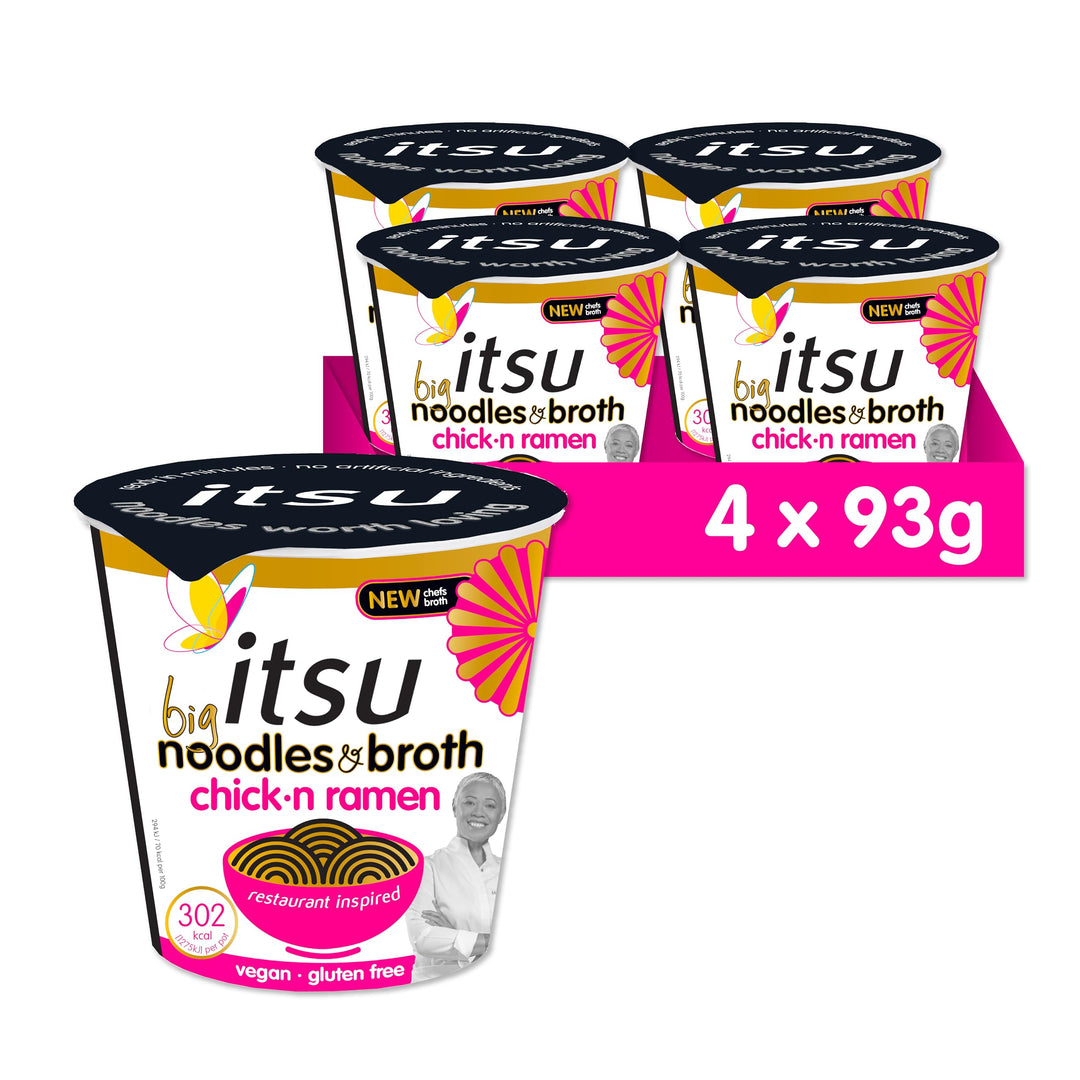 Itsu Big Chickn Ramen Instant Noodles & Broth Pot 93g - Pack of 4 | Gluten Free | Vegan | Quick-to-Make Japanese Style Noodles