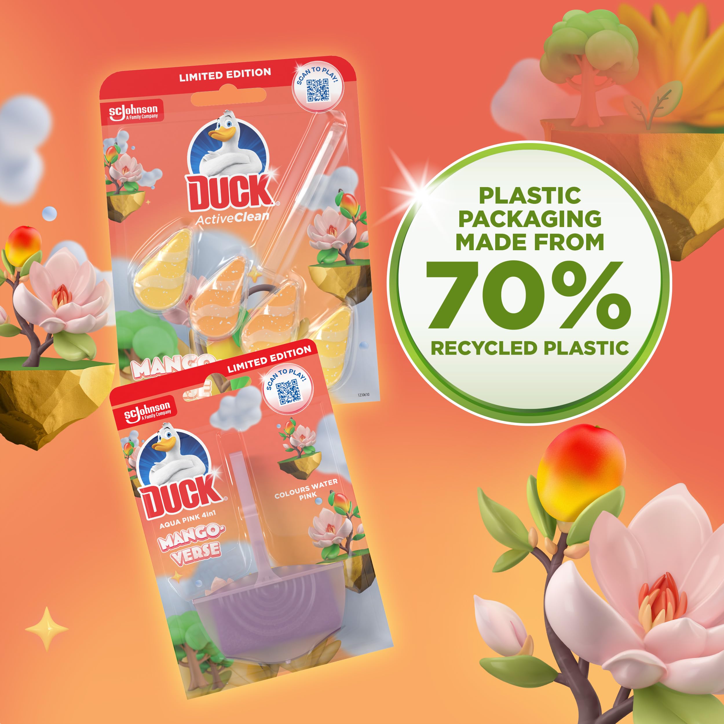 DUCK Active Clean Toilet Rim Block, Mango Verse Scent, Foaming Cleaner | 8 Pack, 38.6 g Each