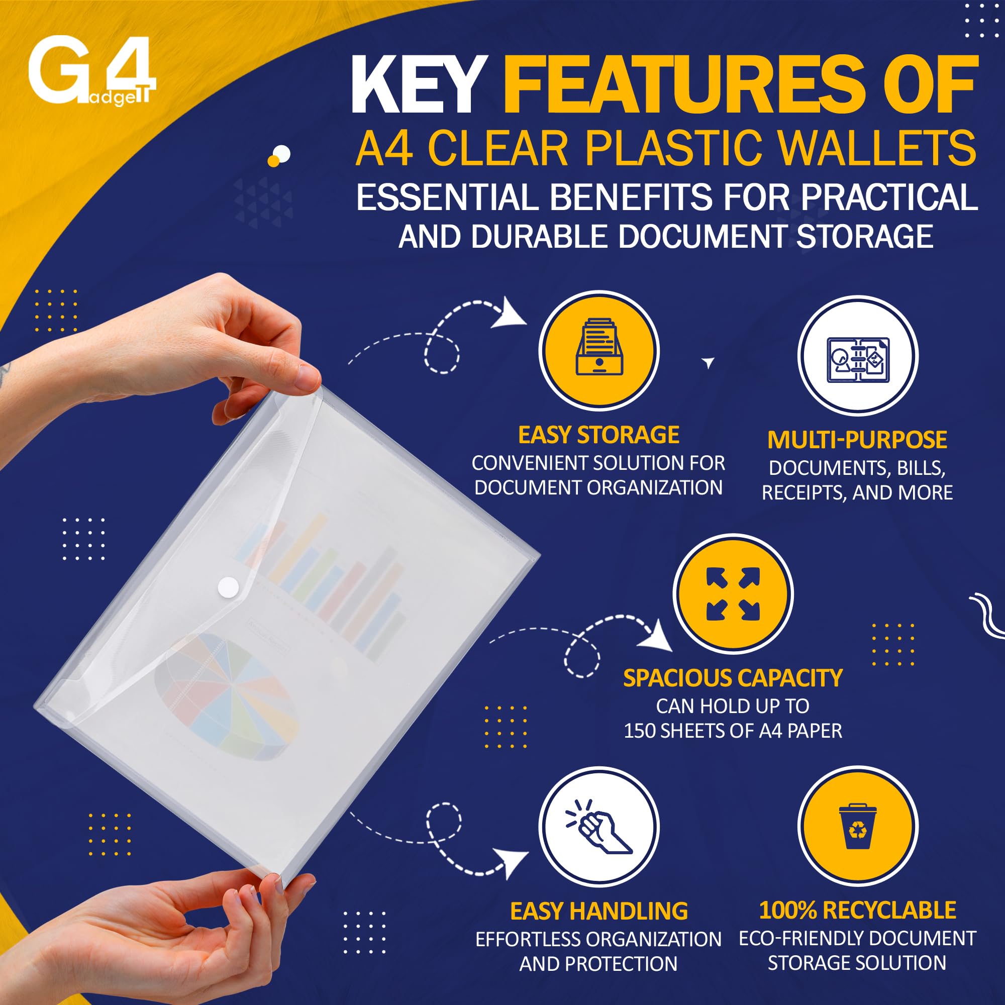 G4GADGET A4 Clear Plastic Wallets - Pack of 10 Popper Document Folders | Waterproof | 50 Sheet Capacity 2