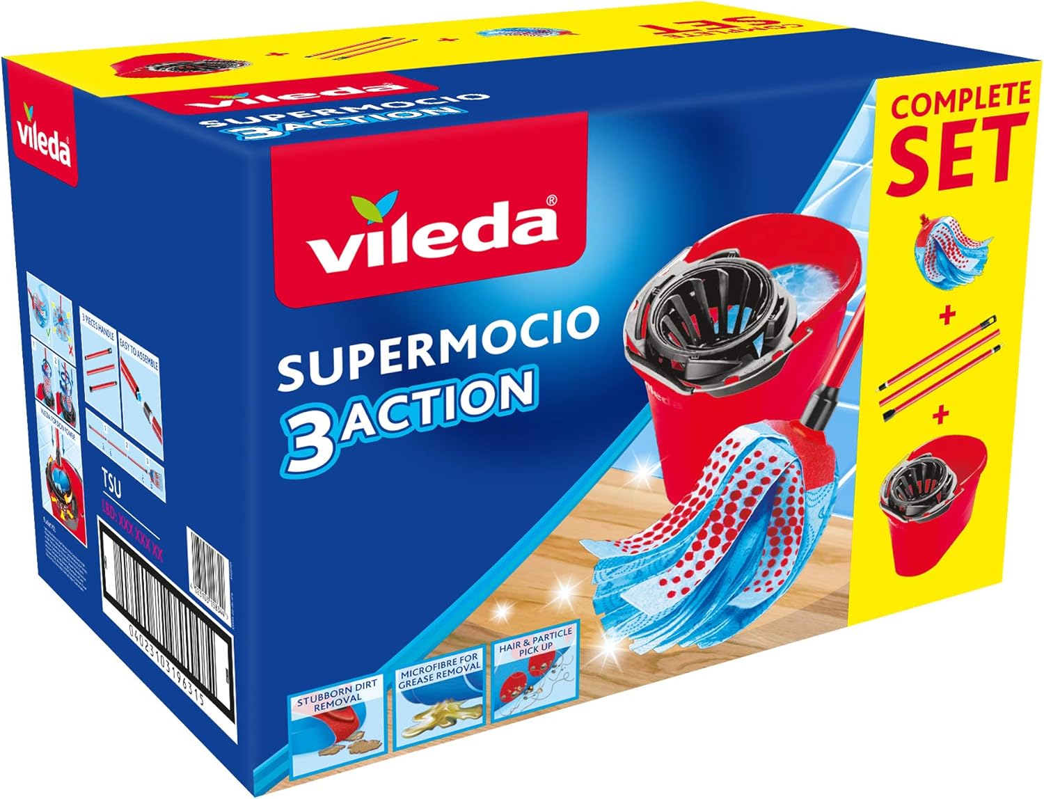 Vileda SuperMocio 3Action XL Mopp und 10-Liter-Eimer mit Torsionspresse, Rot/Blau 3