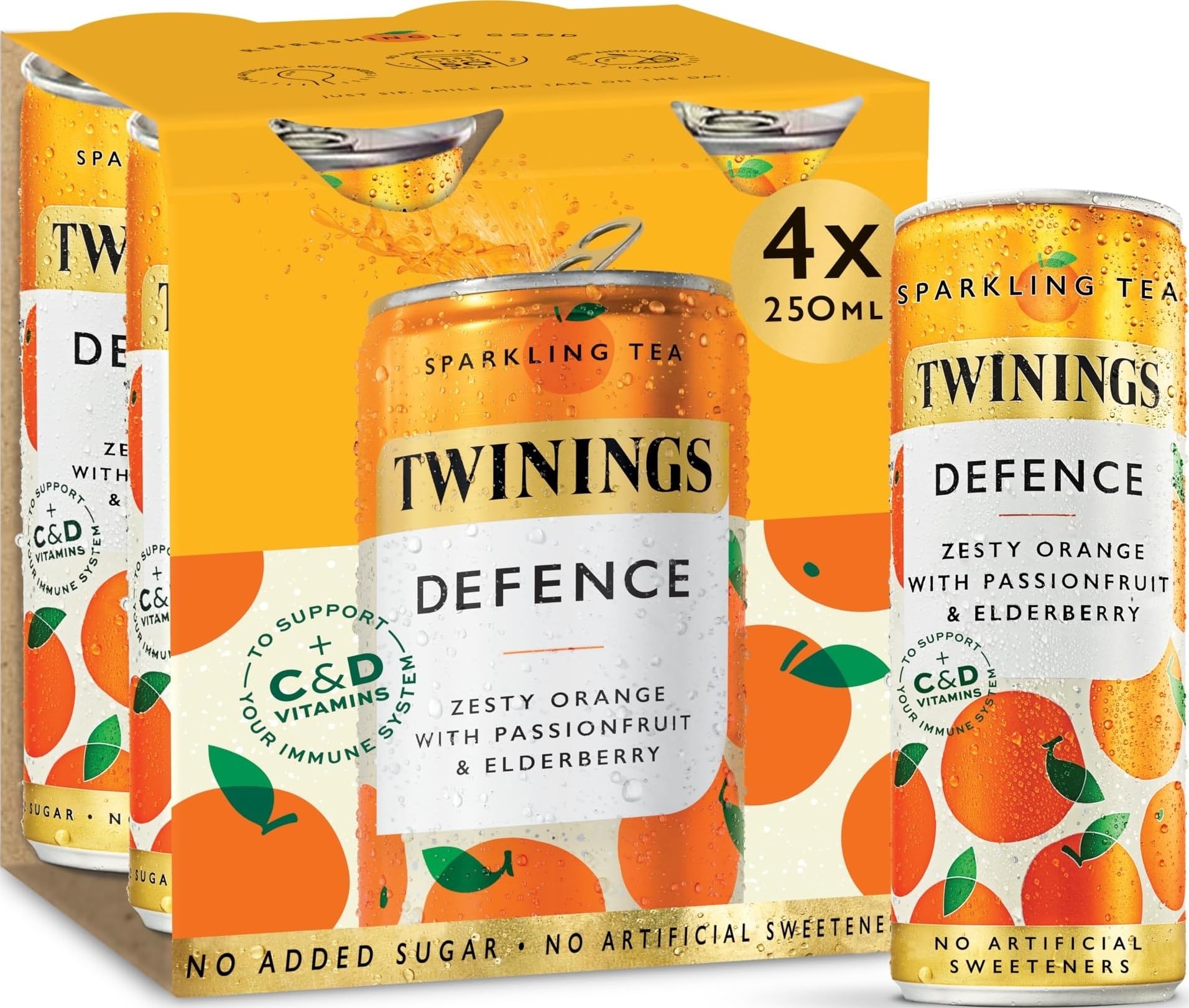 Twinings Defence Orange & Passionfruit Sparkling Tea - 4 x 250ml Cans | Immunity Support, Low Calorie, No Added Sugar