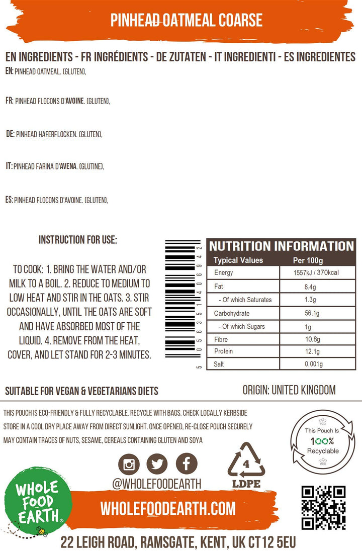 Wholefood Earth Pinhead Oatmeal Coarse Stabilised 1 kg | GMO Free | High Fibre