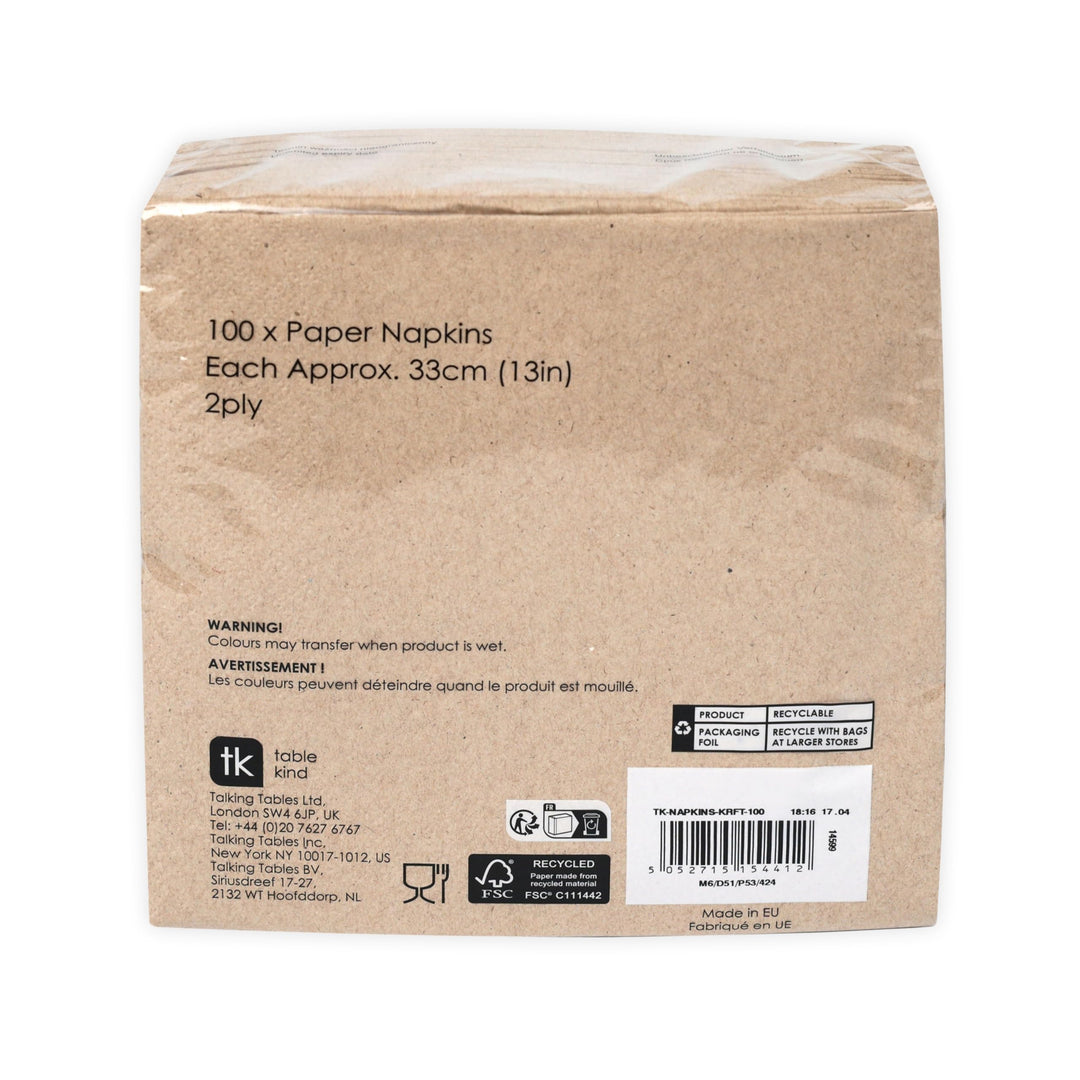 Talking Tables Table Kind 100 Pack Soft Recycled Paper Napkins Brown 2-Ply 33cm