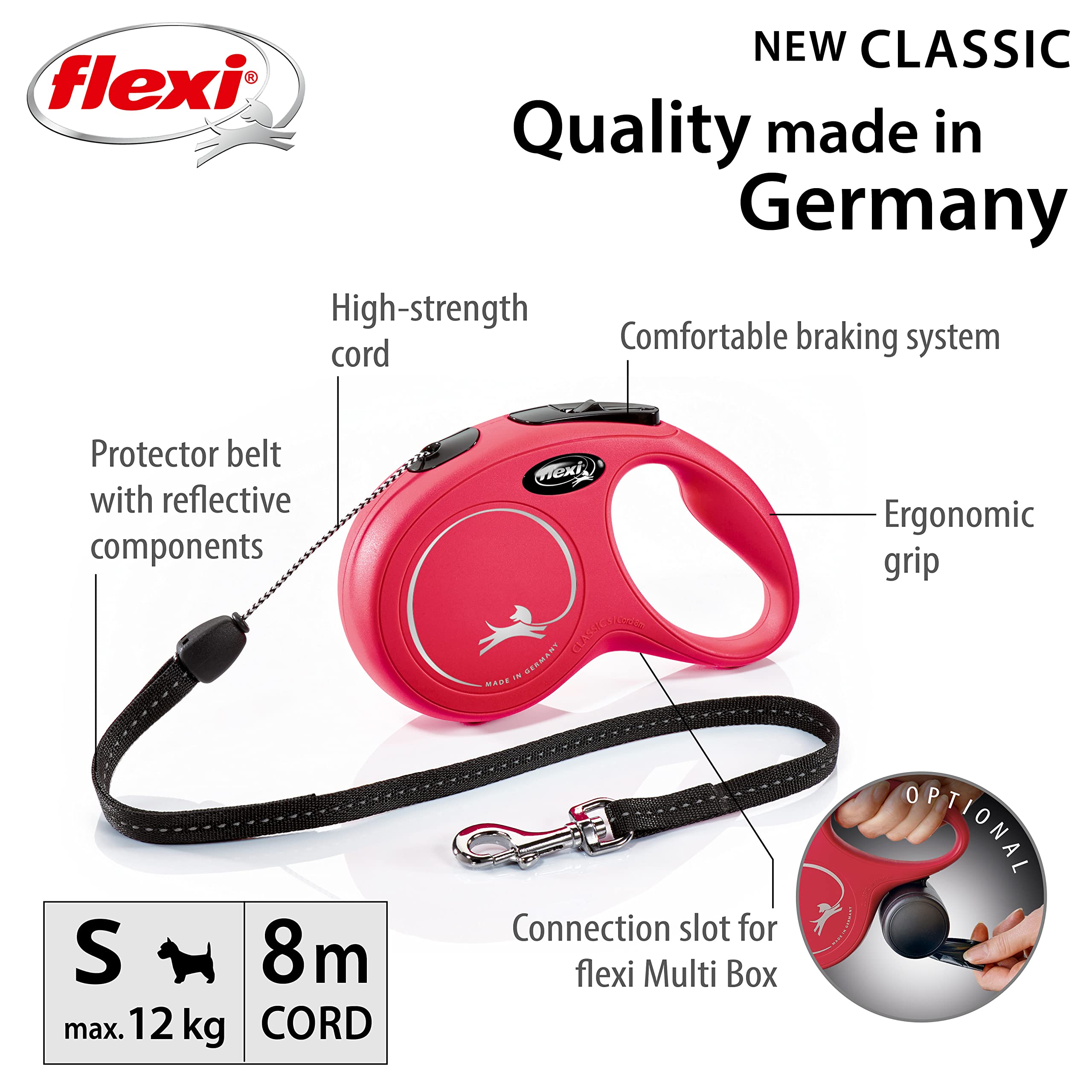 flexi New Classic Cord Retractable Lead Red Small 8m for Dogs up to 12kg