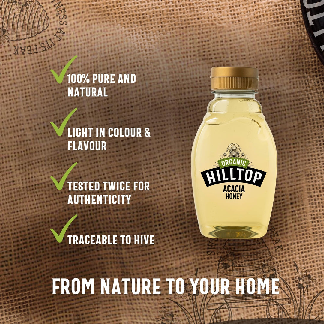 Hilltop Honey - Organic Acacia Honey - Squeezy Bottle - 340g