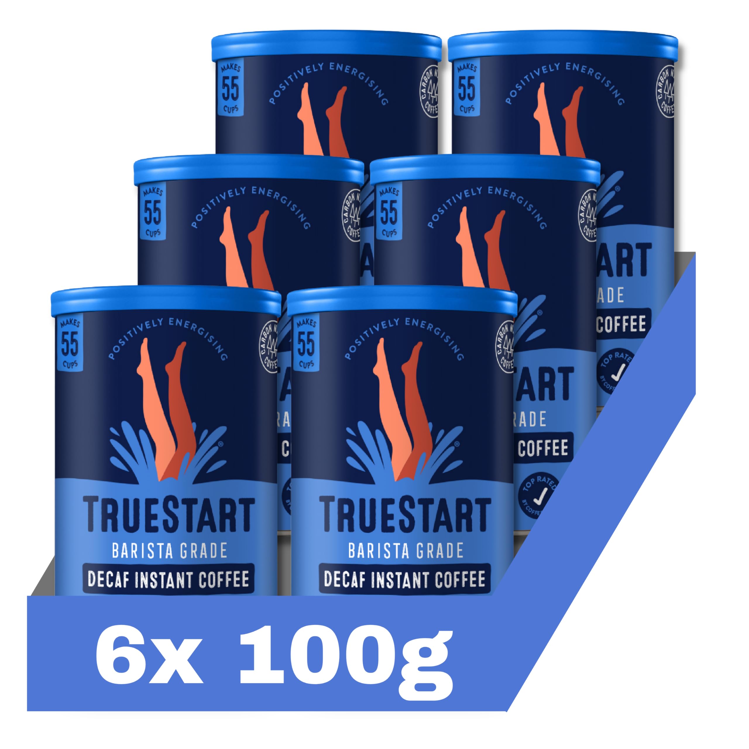 TRUESTART Barista Grade Decaf Instant Coffee - Smooth Medium Roast | 100% Brazilian Arabica | 100g Tin (Pack of 6)