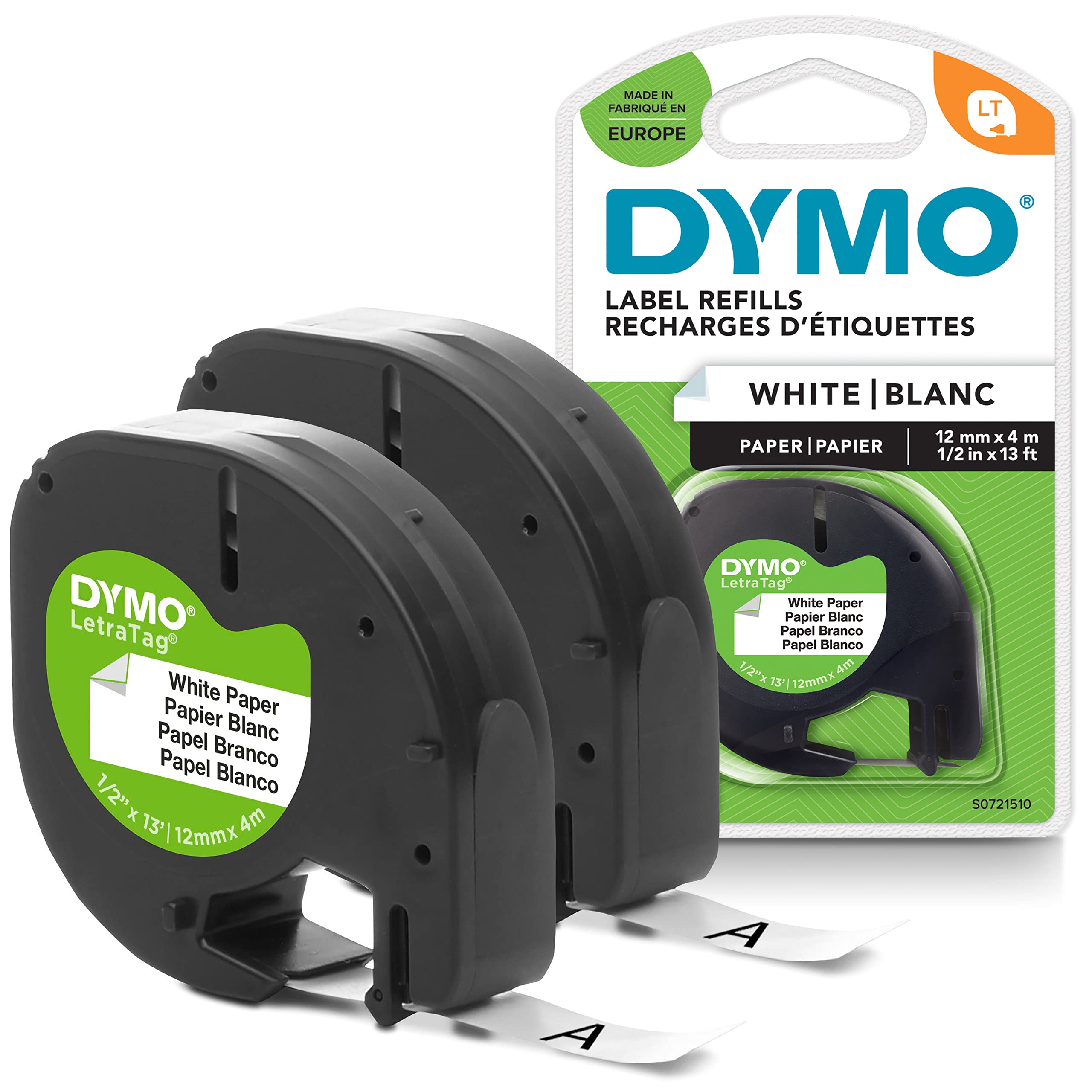 Dymo LetraTag Paper Labels | Black Print on White | 12 mm x 4 m Roll | Model 10697