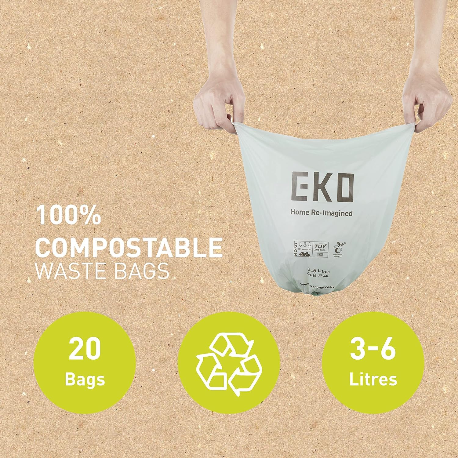 EKO Compostable Bin Liners for Food Waste Caddies, 3-6L Capacity, 20 Bags, White 7