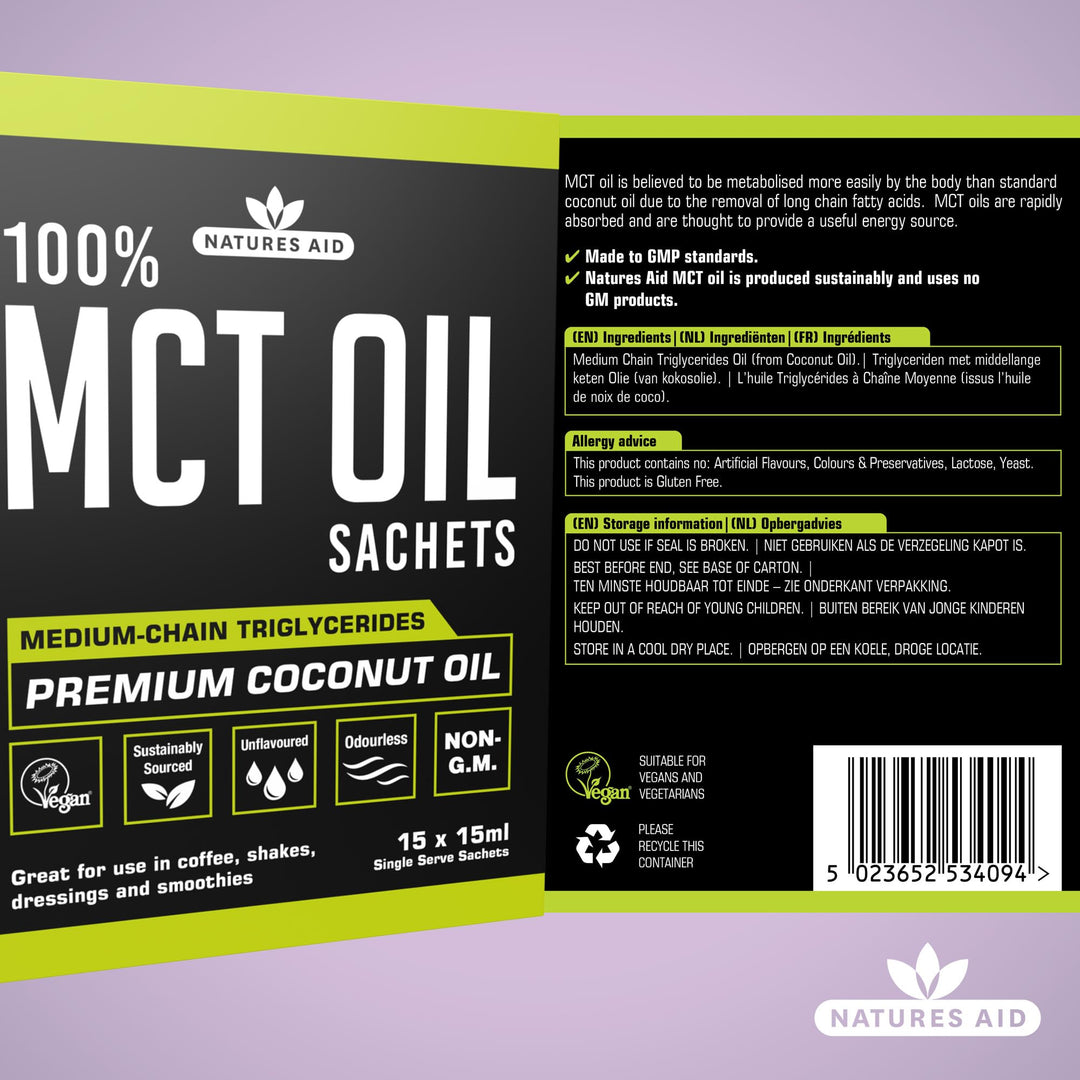 Natures Aid MCT Oil 15 x 15ml Sachets - 100% Pure Coconut Oil for Coffee, Smoothies, Shakes & Dressings - Vegan, Vegetarian, Sustainably Sourced