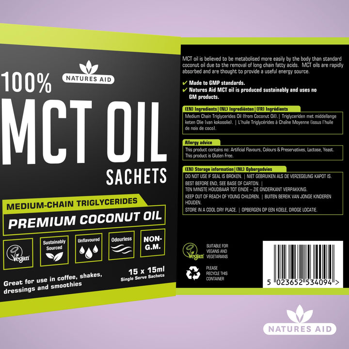 Natures Aid MCT Oil 15 x 15ml Sachets - 100% Pure Coconut Oil for Coffee, Smoothies, Shakes & Dressings - Vegan, Vegetarian, Sustainably Sourced