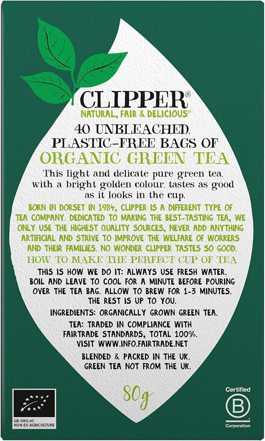 Clipper Organic Pure Green Tea Bags - Box of 40 Fairtrade & Biodegradable Tea Bags