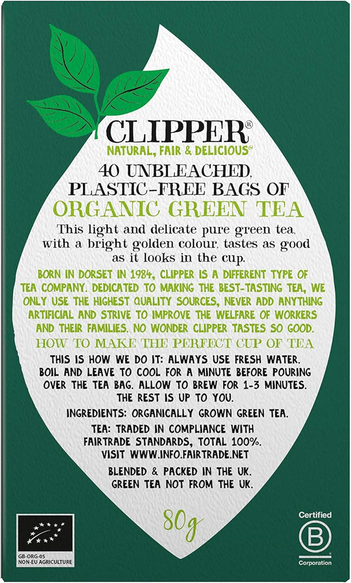 Clipper Organic Pure Green Tea Bags - Box of 40 Fairtrade & Biodegradable Tea Bags