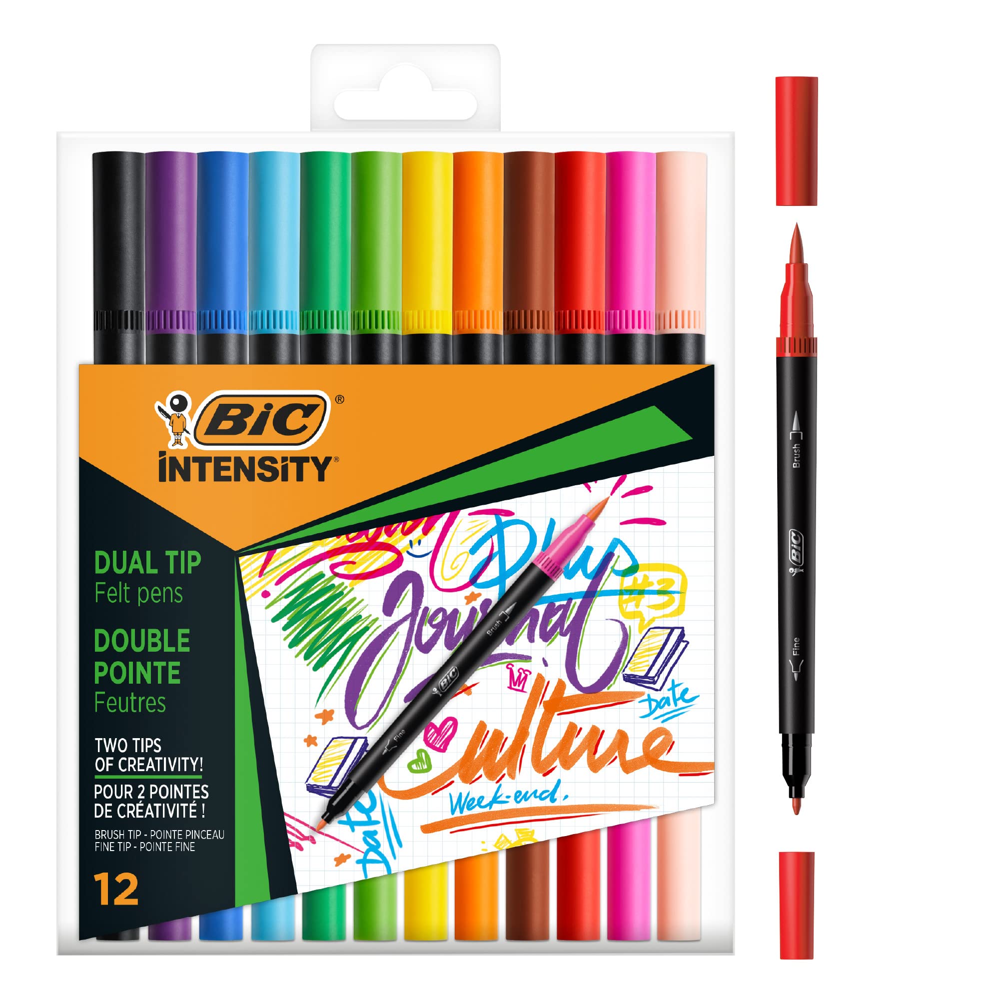 BIC Dual Tip Felt Tip Pens - Assorted Colors | Pack of 12 | Ideal for Calligraphy 1