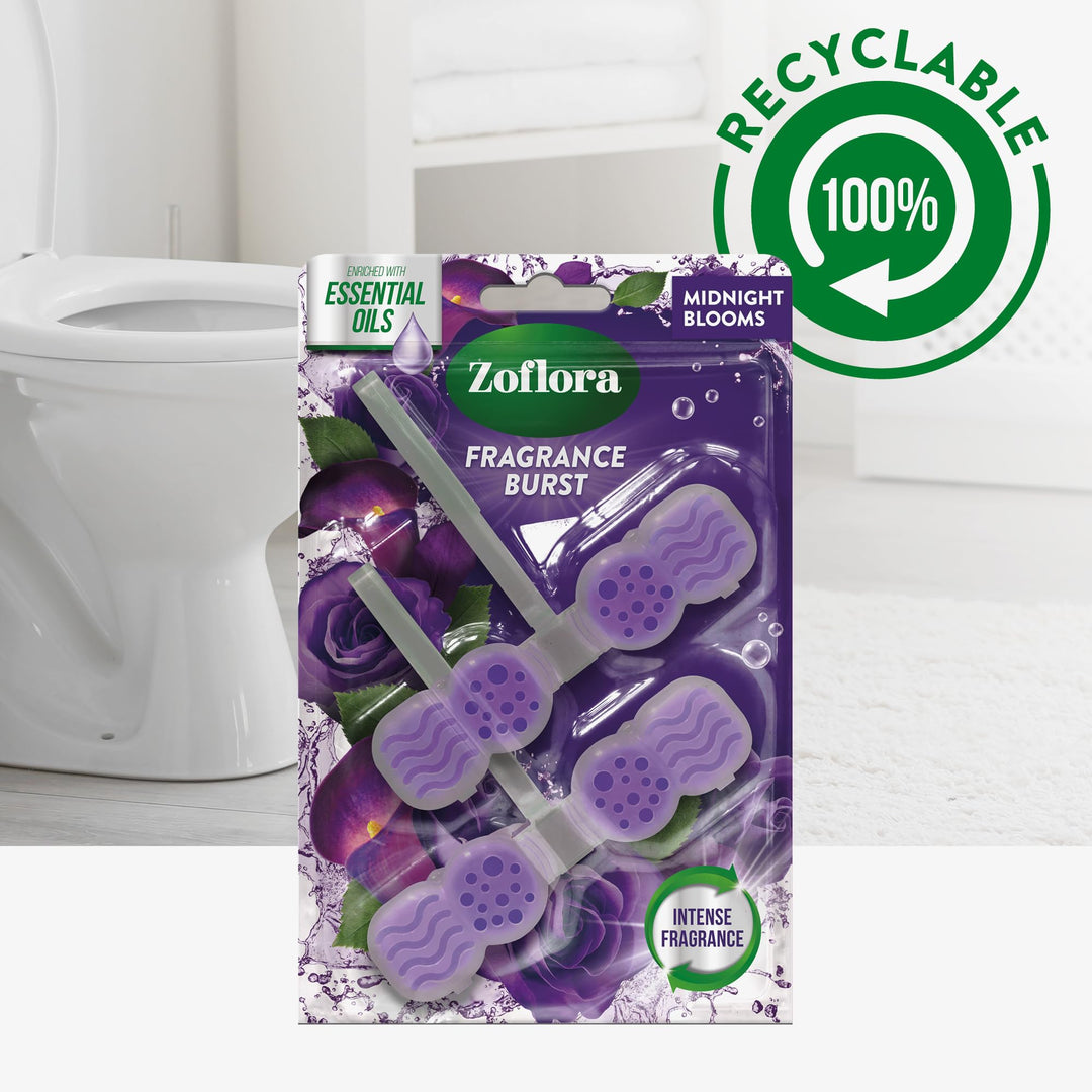 Zoflora Midnight Blooms Toilet Rim Blocks (Pack of 2) - Continuous Freshness with Essential Oils