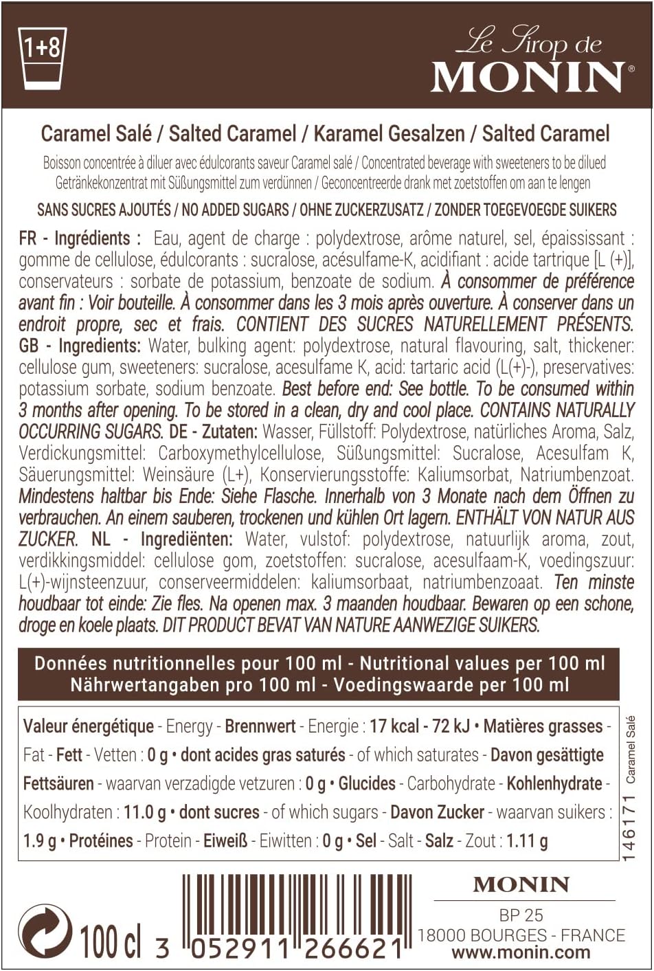 Monin Salted Caramel No Added Sugar Syrup 1L - Beverage Flavoring for Coffee, Cocktails & Frappes