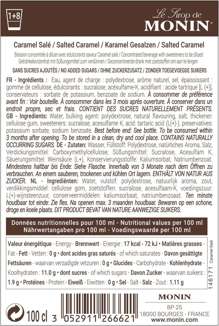 Monin Salted Caramel No Added Sugar Syrup 1L - Beverage Flavoring for Coffee, Cocktails & Frappes