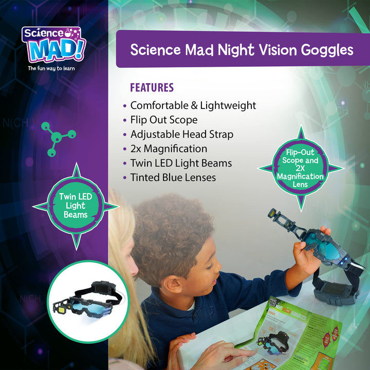 Science Mad! Night Vision Goggles for Kids - 2x Magnification & LED Lights - Black