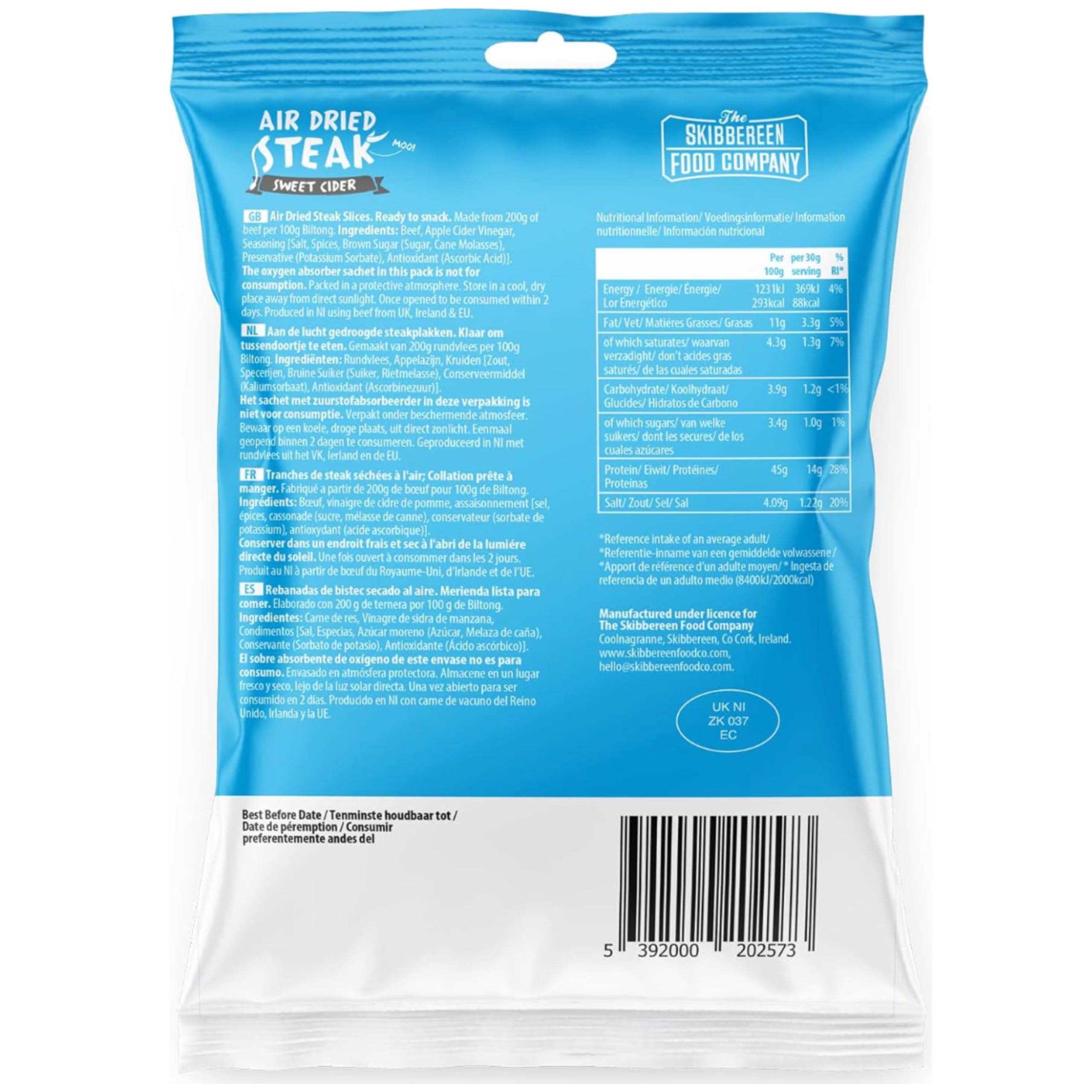 The Skibbereen Food Company Lean Beef Biltong Bites - Sweet Cider Flavor | 8 x 30g Pack | High Protein, Gluten Free