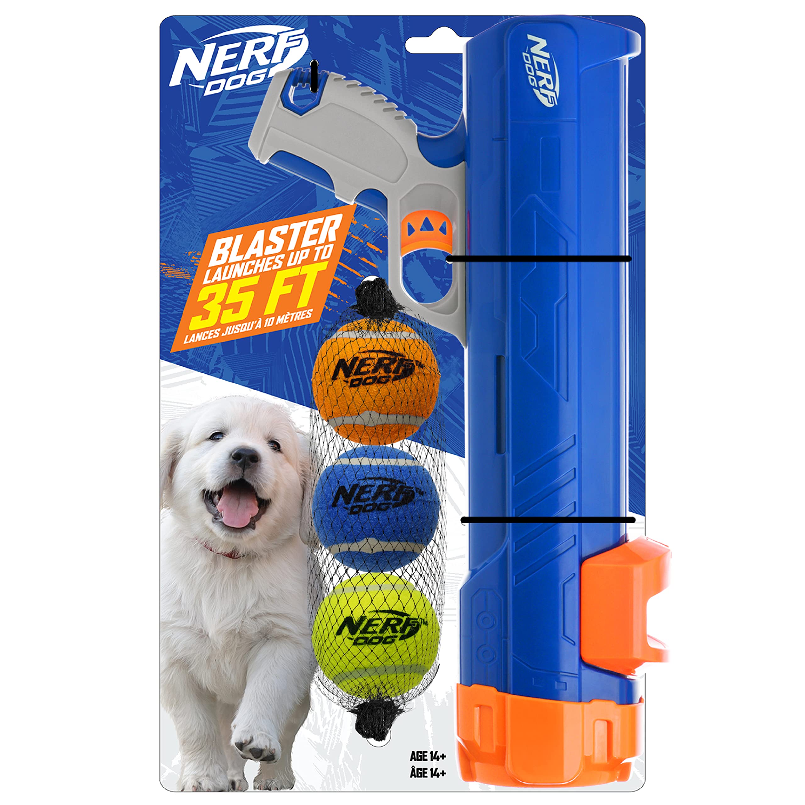 Nerf Dog 12in Blaster w/o Ball Clip | Shoots Up to 50 Feet | Includes 3 Squeak Tennis Balls