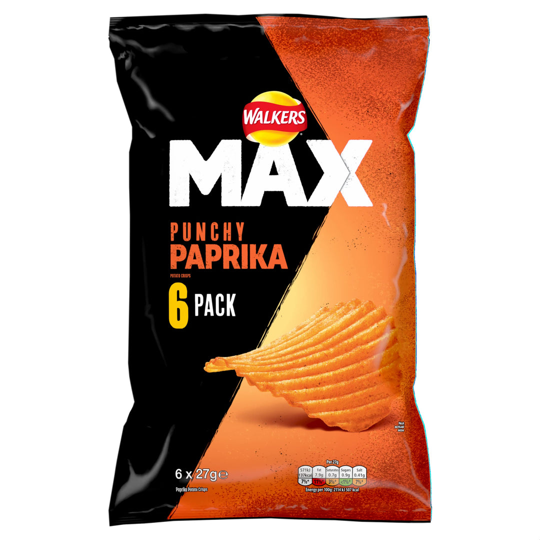Walkers Max Punchy Paprika Flavour Crisps Multipack 6x27g