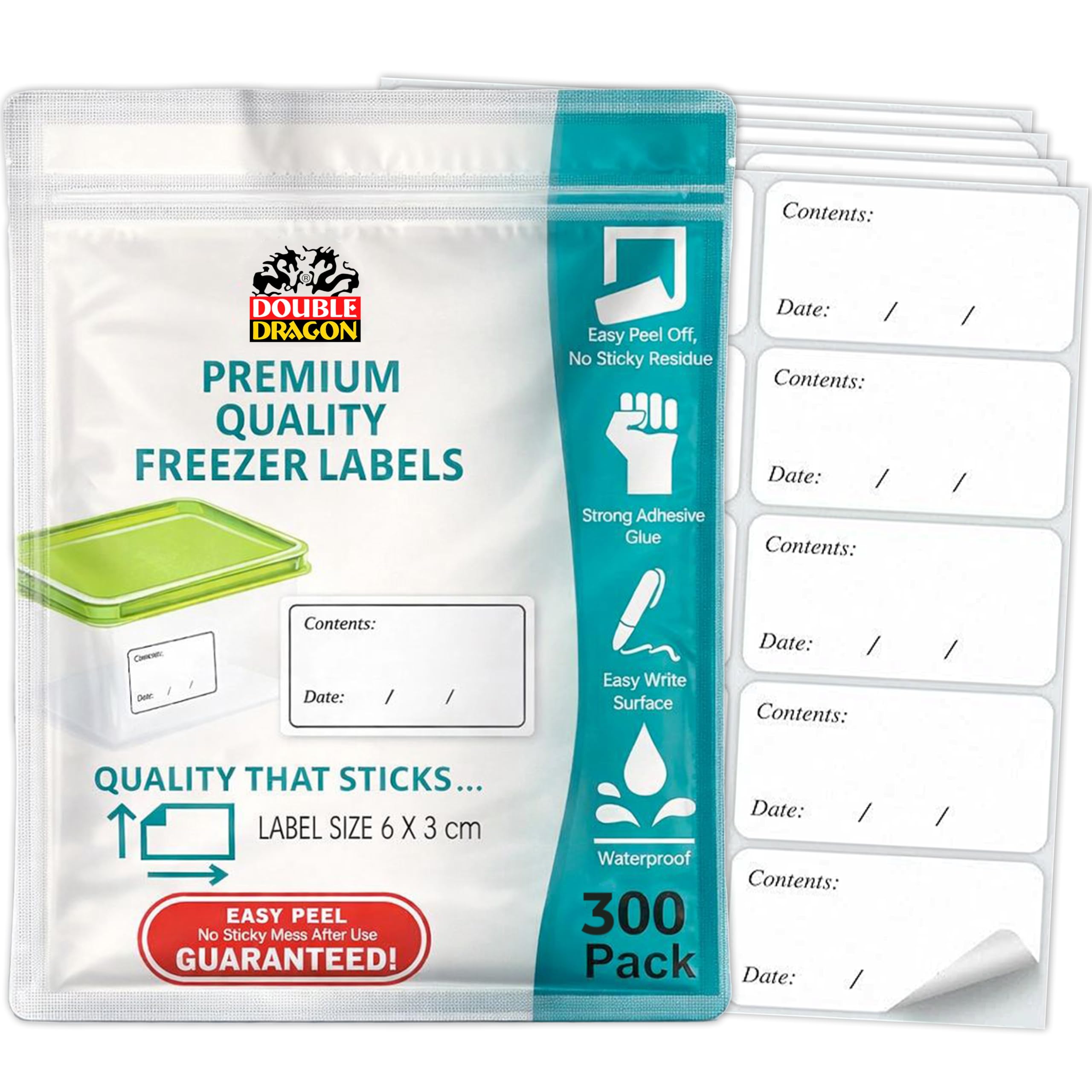 Double Dragon 300-Pack Removable Freezer Stickers - 6x3cm | Waterproof & No Residue
