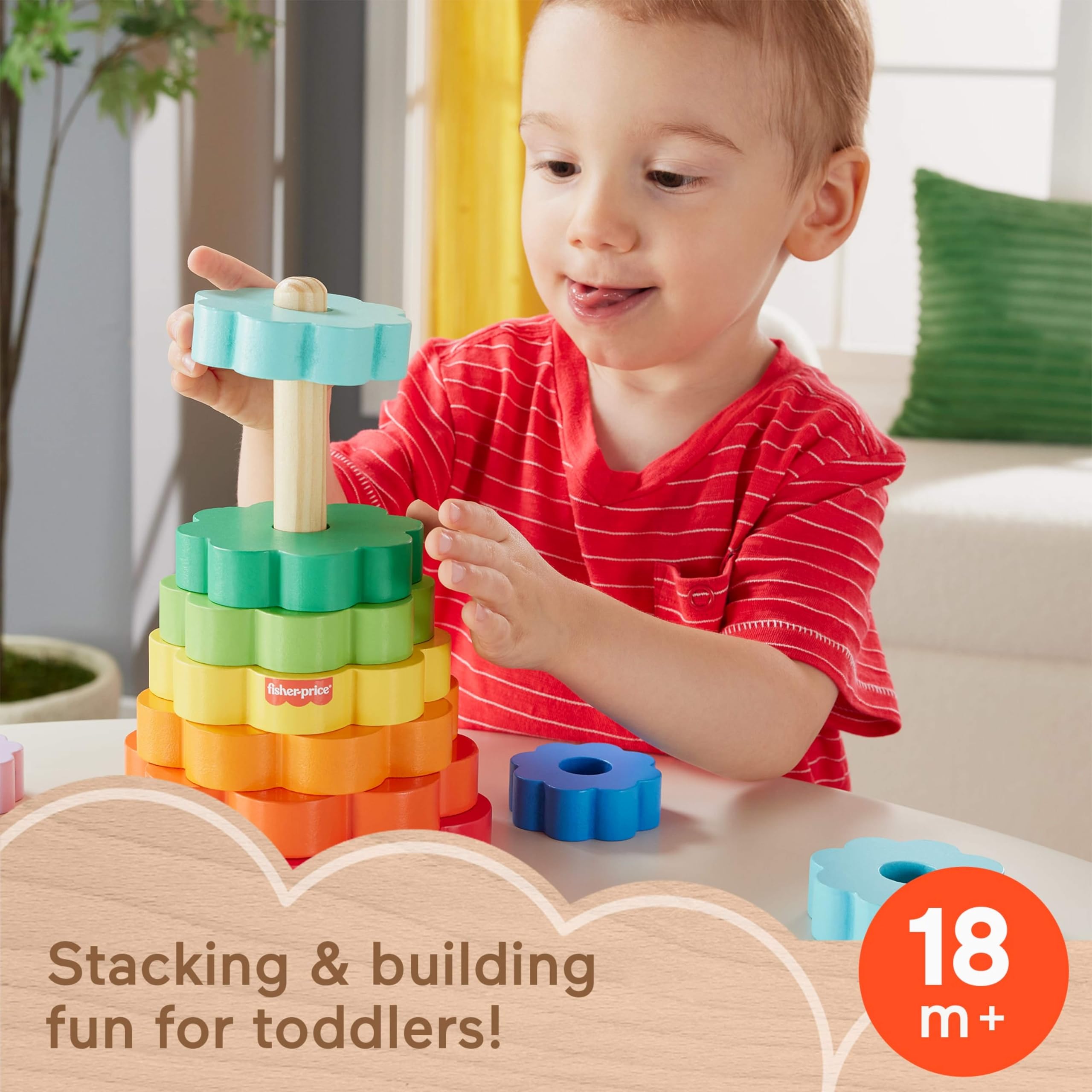 Fisher-Price Wooden Ring Stacker Toy - 10 Wood Pieces for Stacking Play | Ages 18M+ | HXT77 2